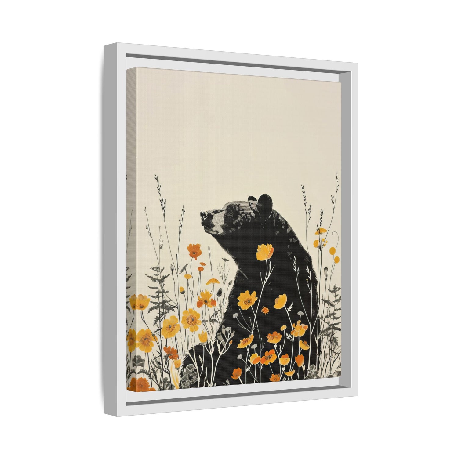 Framed Canvas - Black Bear in Wildflowers