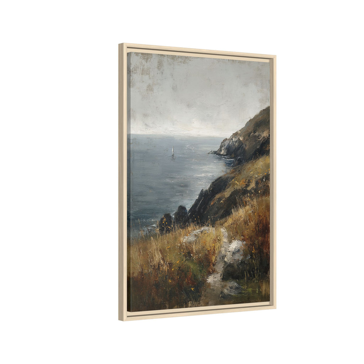 Framed Canvas - Cliffside Sailboat Seascape