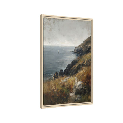 Framed Canvas - Cliffside Sailboat Seascape