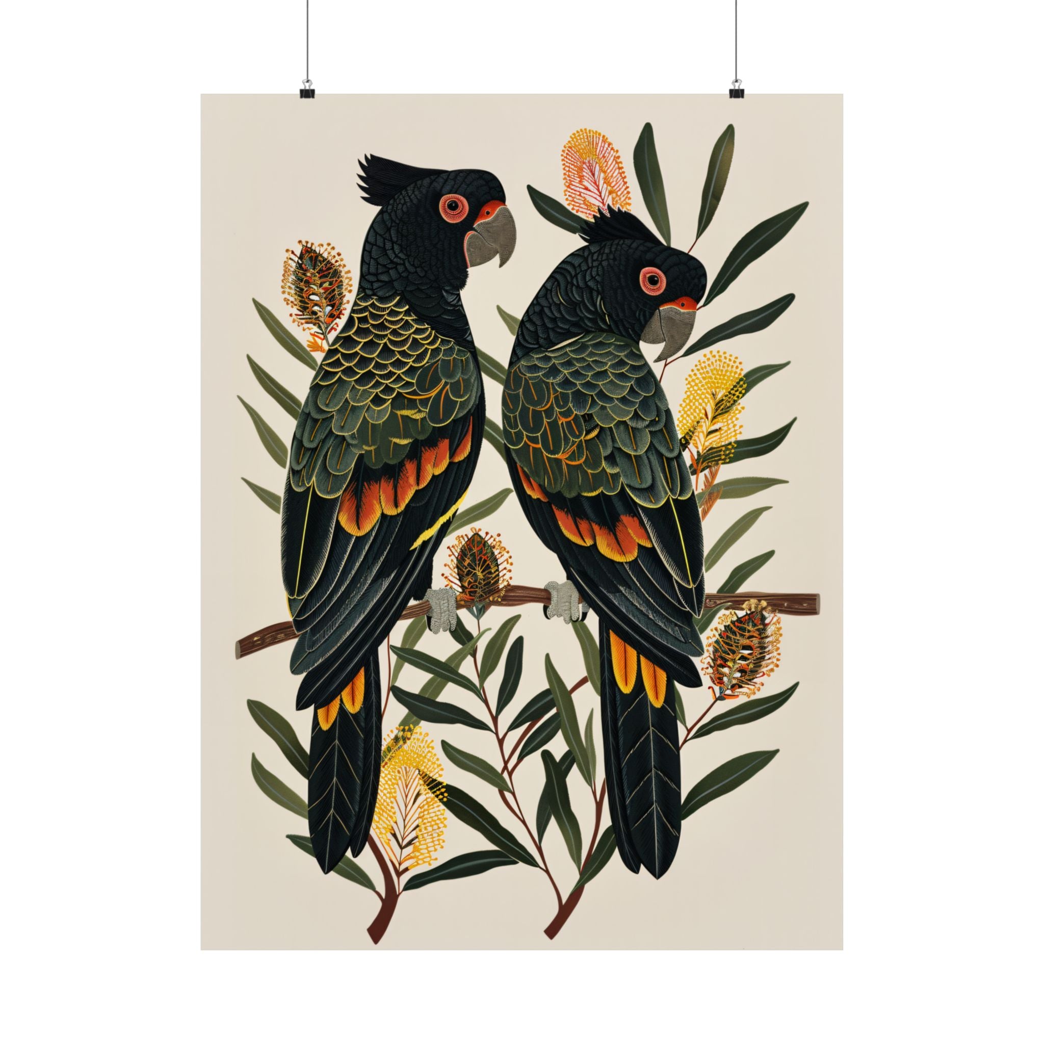 Black Cockatoos Among Banksia