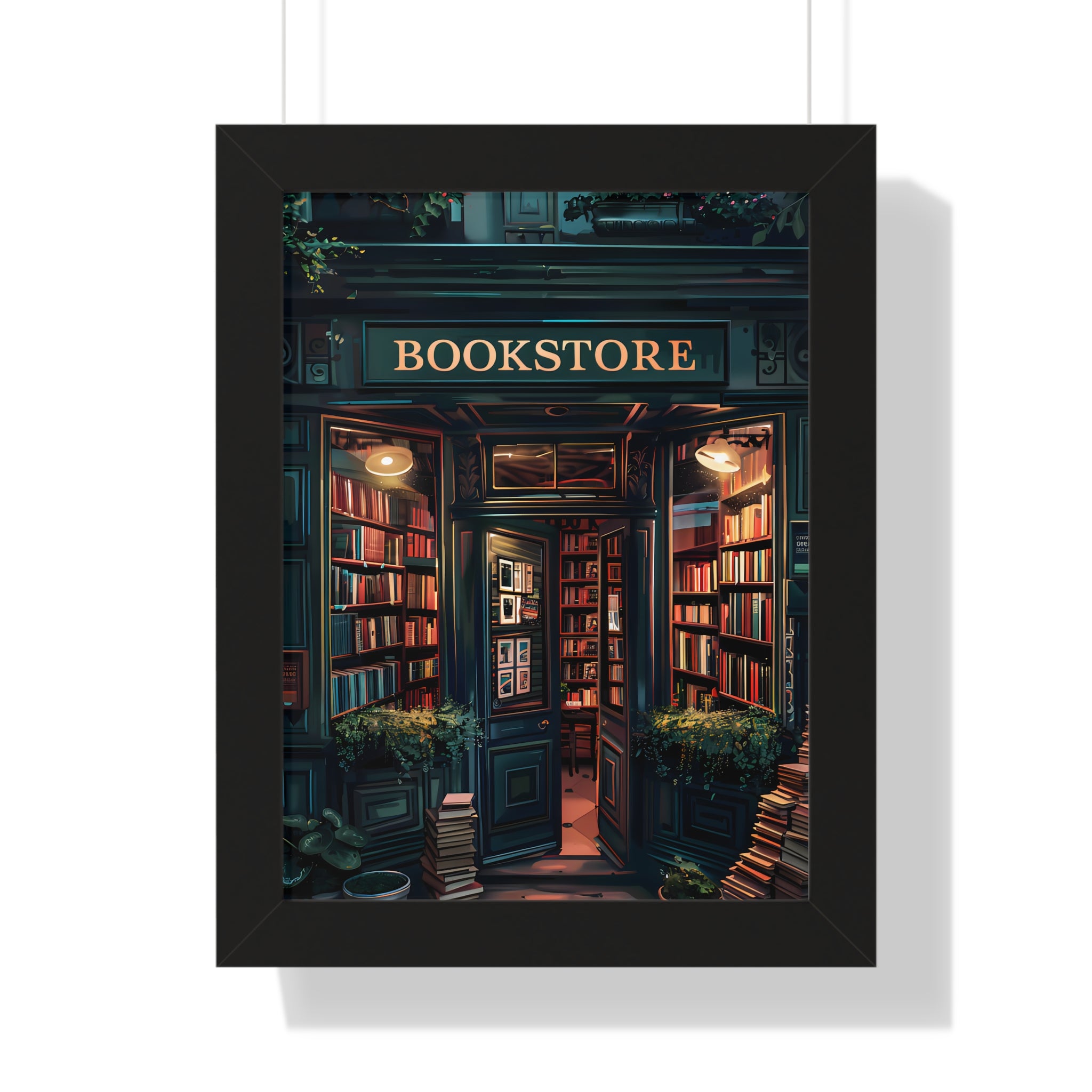 Framed Paper Print - Midnight Bookstore Glow