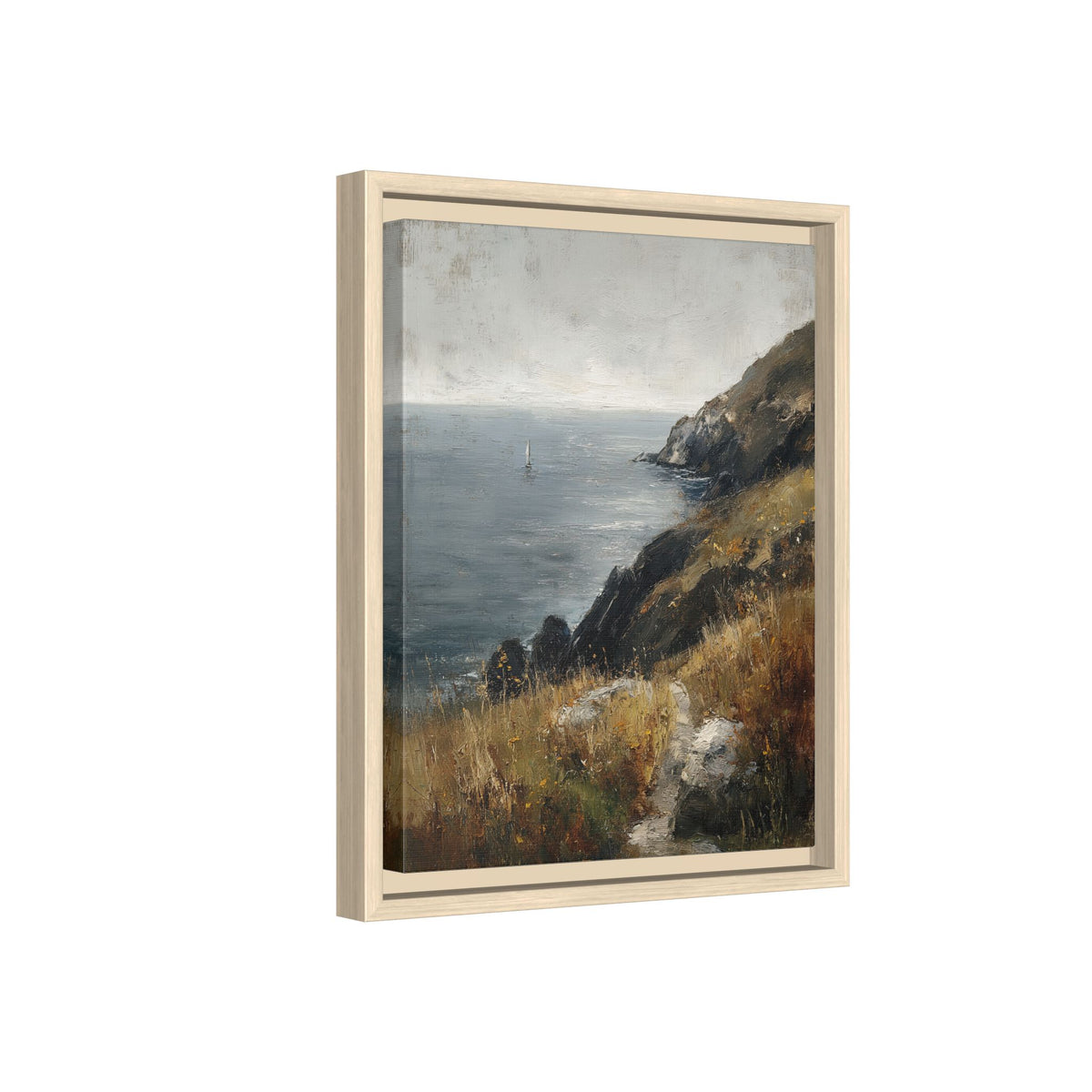 Framed Canvas - Cliffside Sailboat Seascape