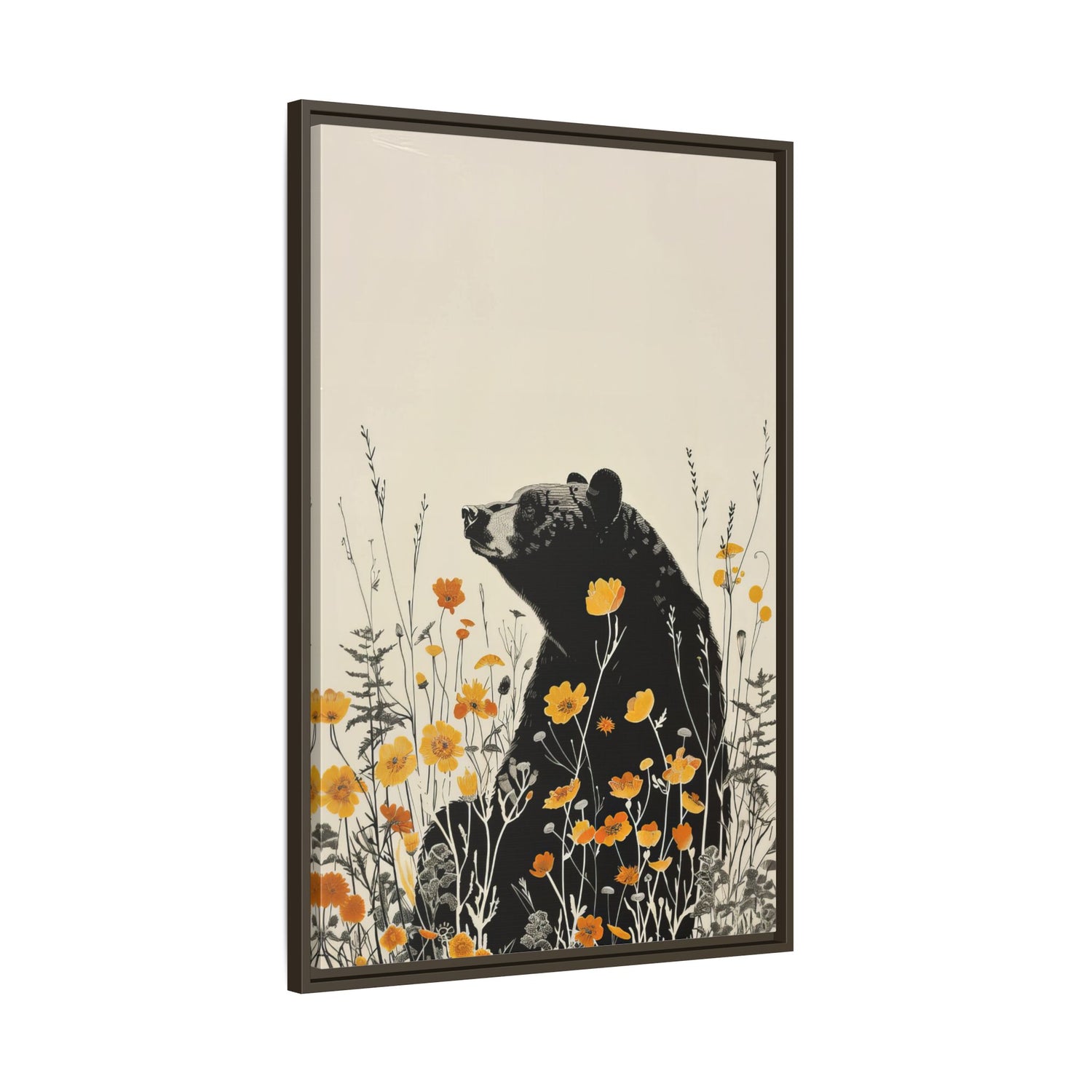 Framed Canvas - Black Bear in Wildflowers