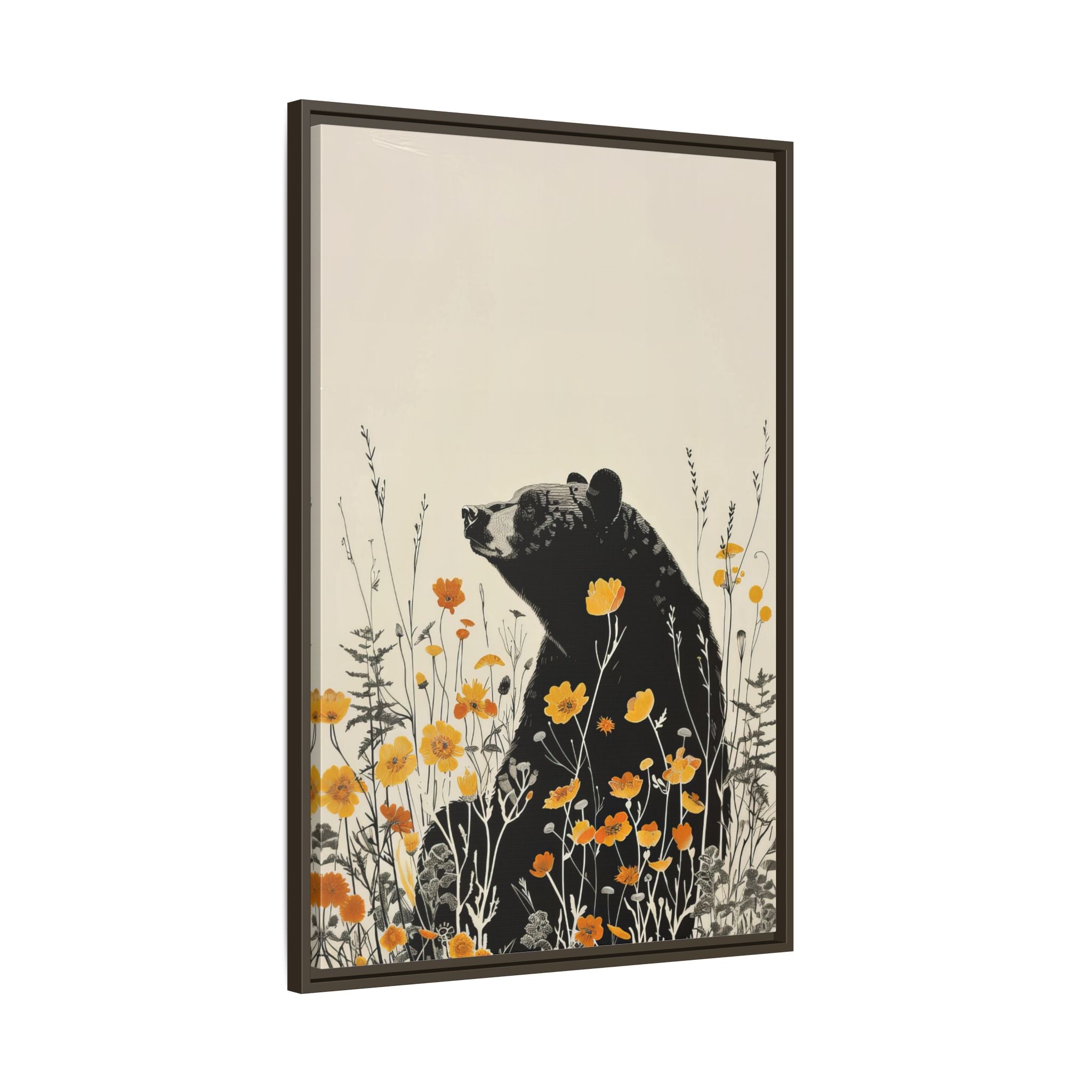 Framed Canvas - Black Bear in Wildflowers