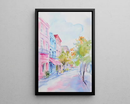 Framed Canvas - Pastel Charleston Street Scene