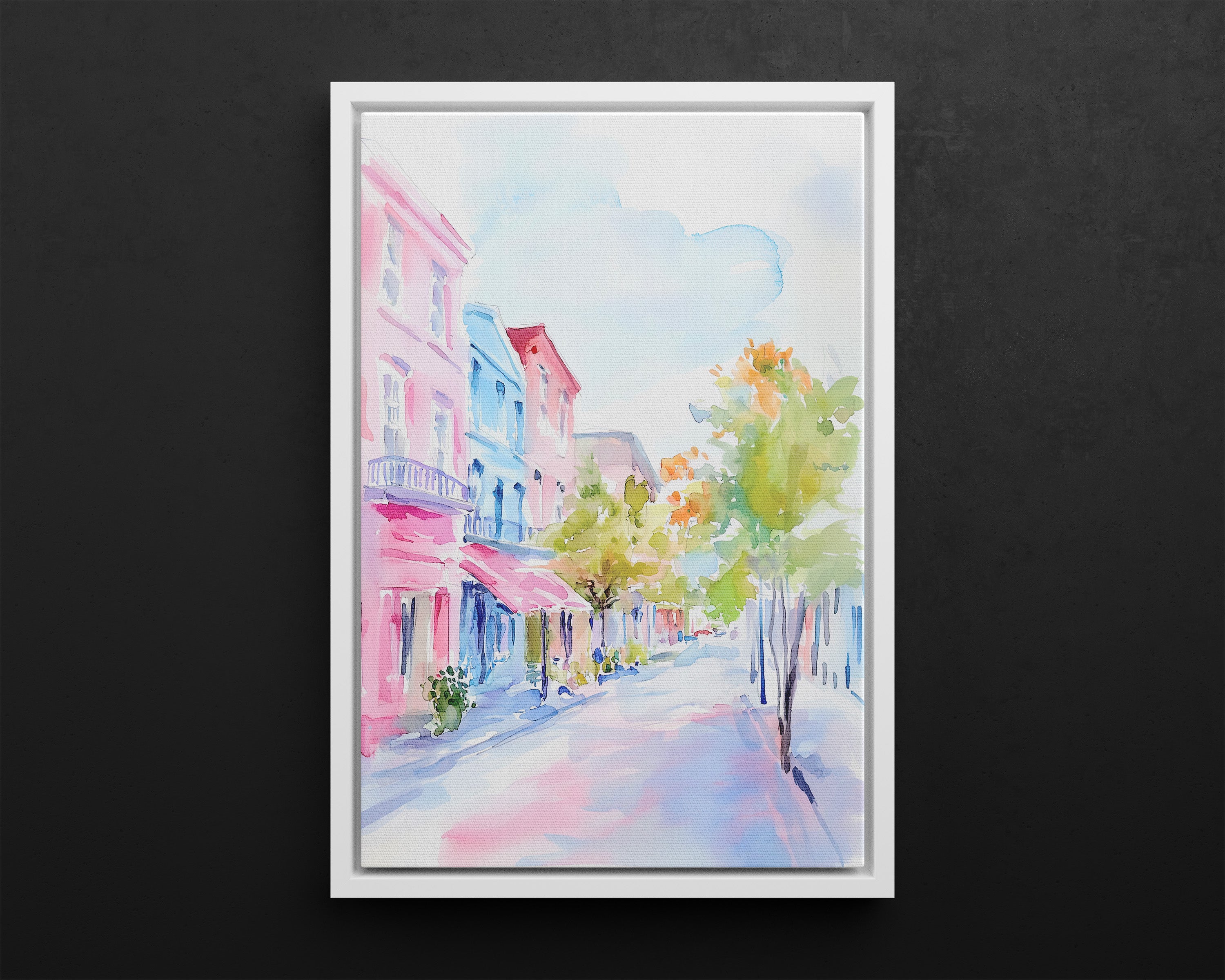 Framed Canvas - Pastel Charleston Street Scene
