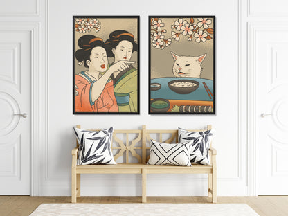 Framed Canvas - Unimpressed Cat Meme Ukiyo-e
