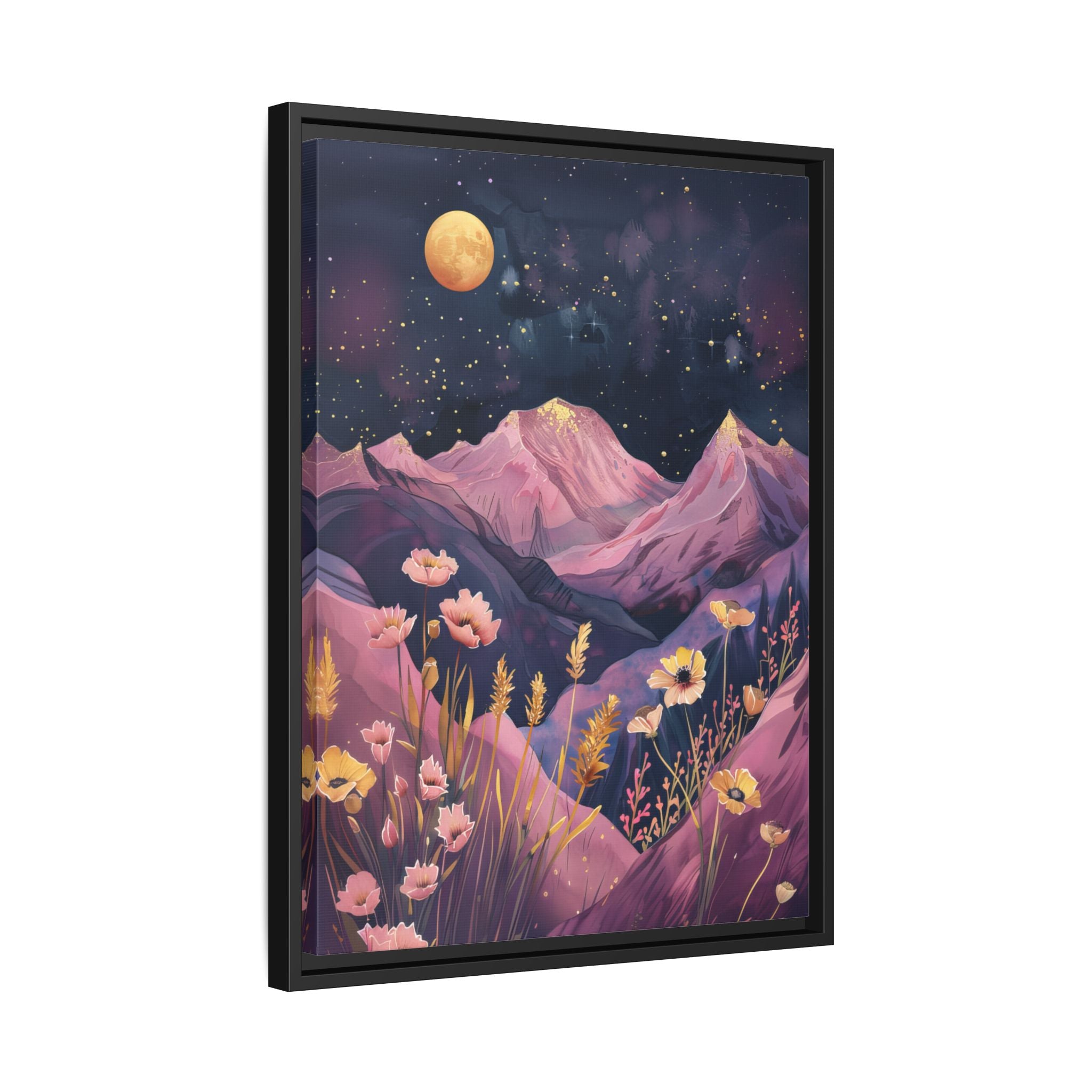 Framed Canvas - Golden Moon Over Lavender Peaks