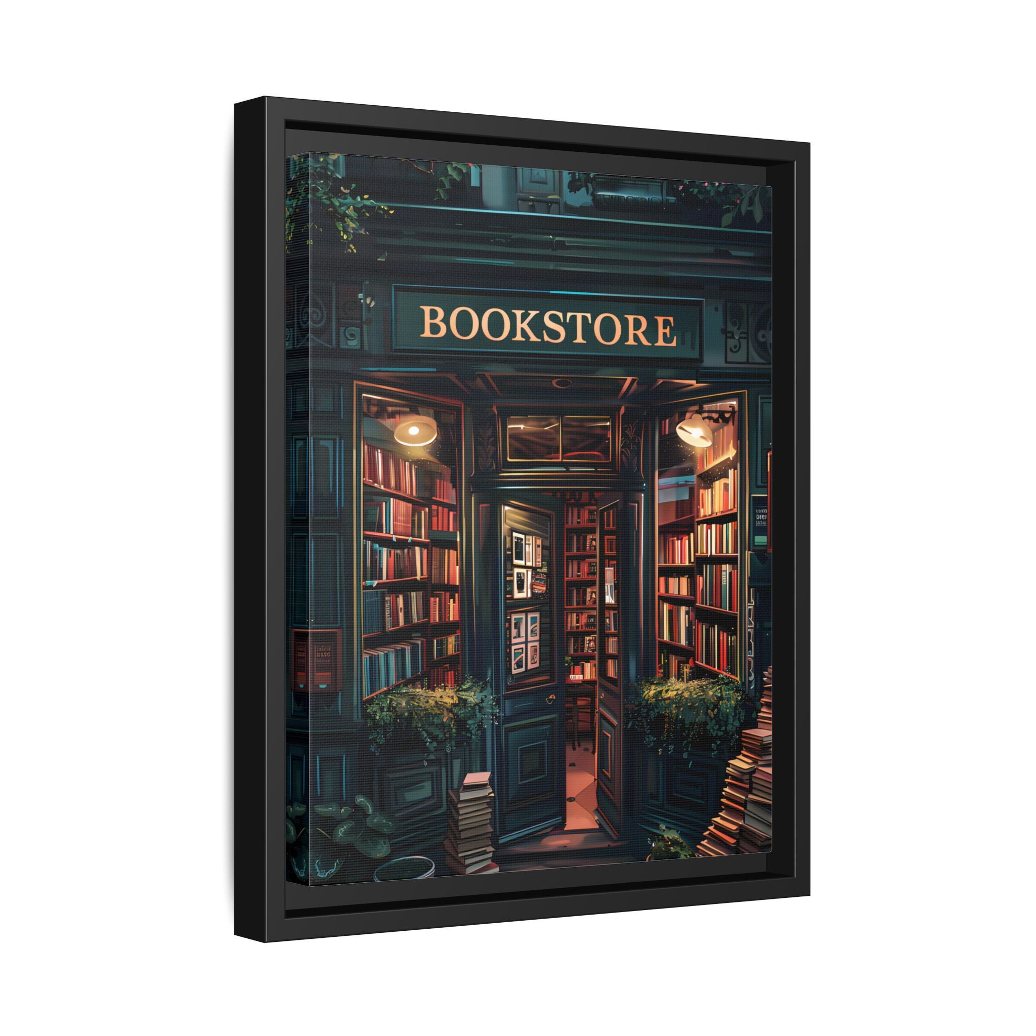 Framed Canvas - Midnight Bookstore Glow