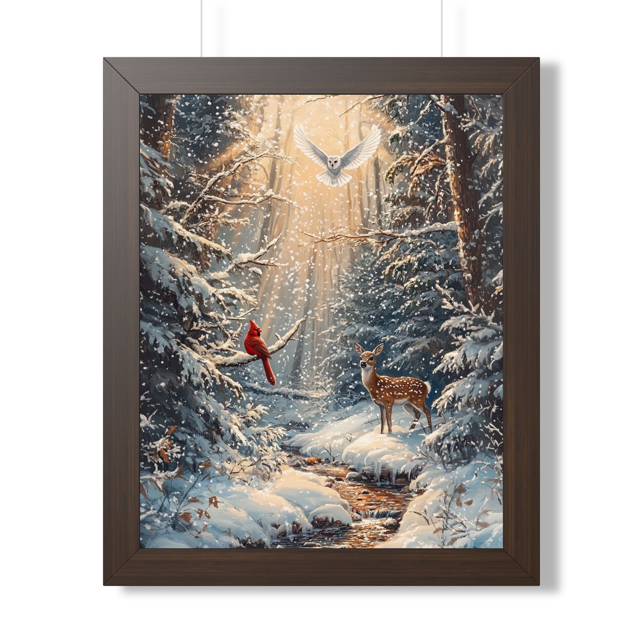 Framed Paper Print - Winter Cardinal Deer Owl