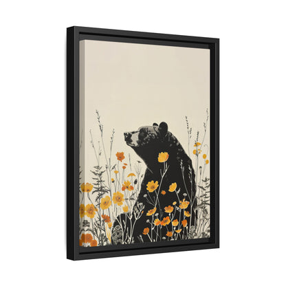 Framed Canvas - Black Bear in Wildflowers