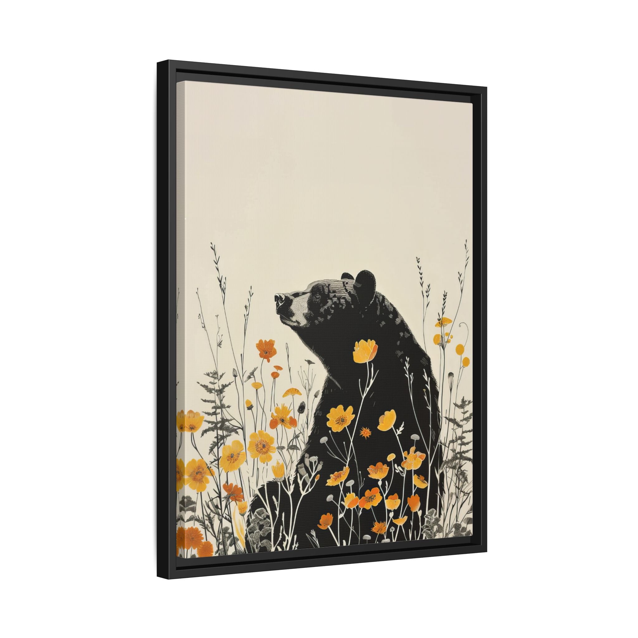 Framed Canvas - Black Bear in Wildflowers
