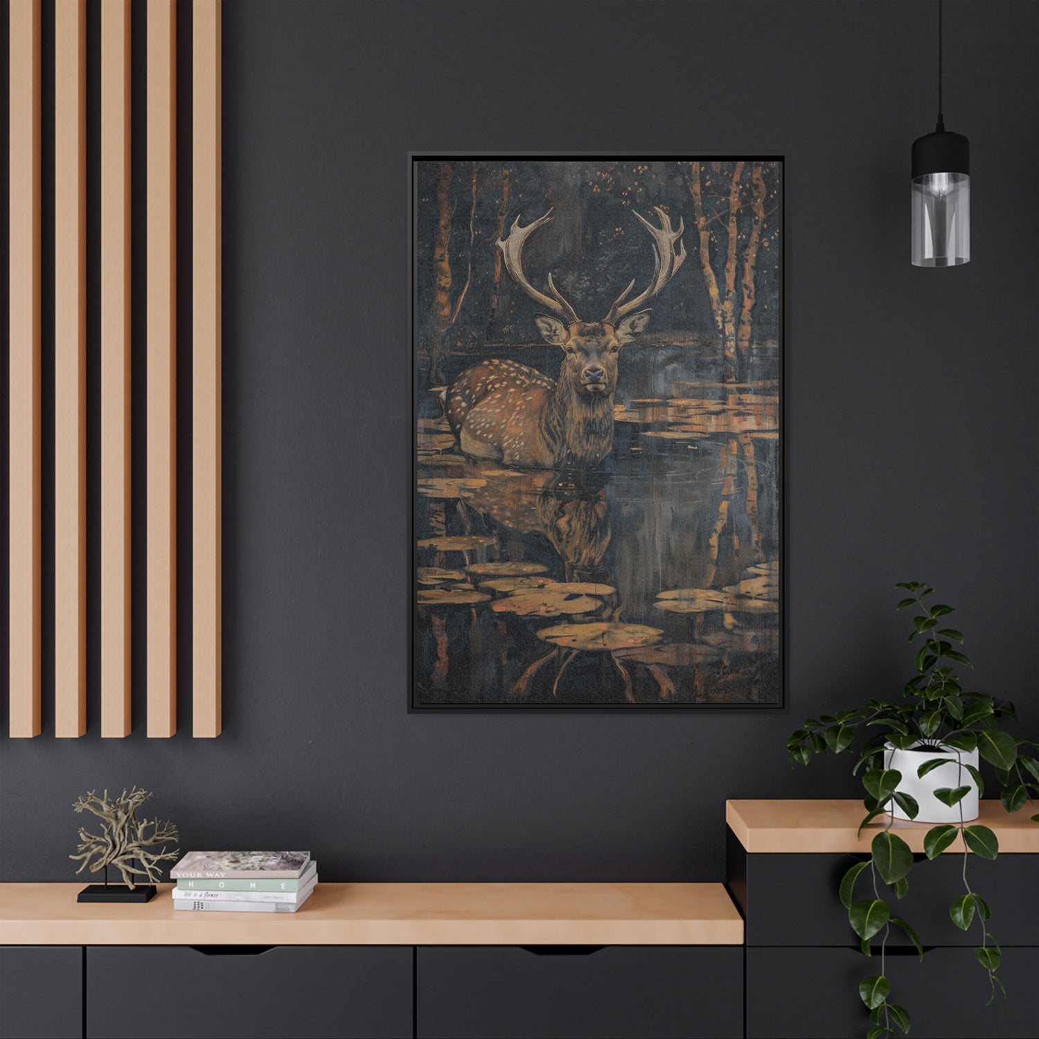 Framed Canvas - Twilight Stag Reflection