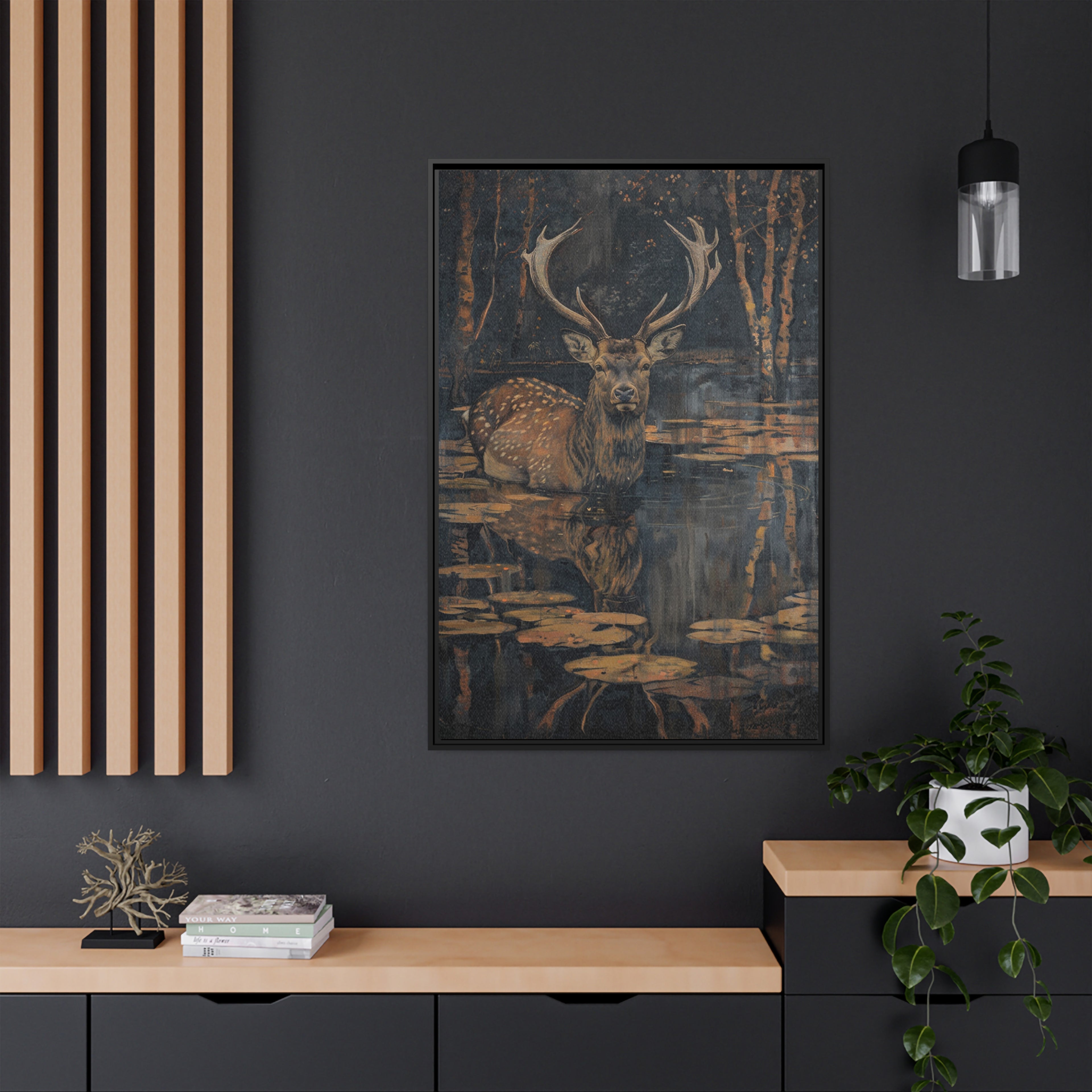 Framed Canvas - Twilight Stag Reflection