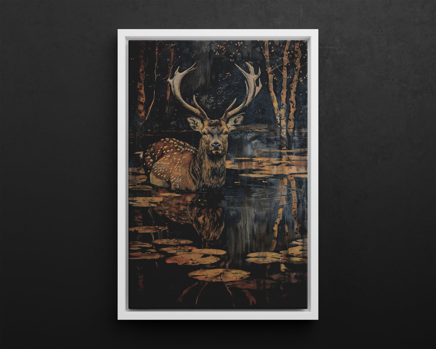 Framed Canvas - Twilight Stag Reflection