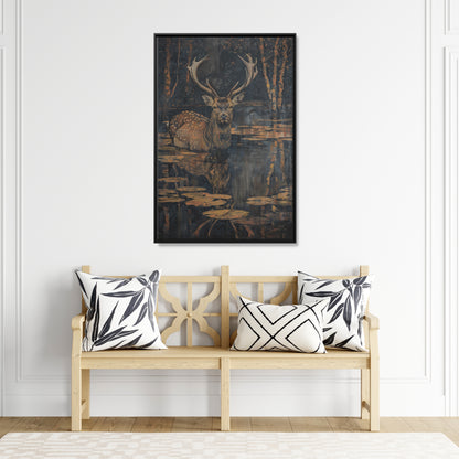 Framed Canvas - Twilight Stag Reflection