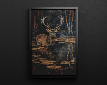 Framed Canvas - Twilight Stag Reflection