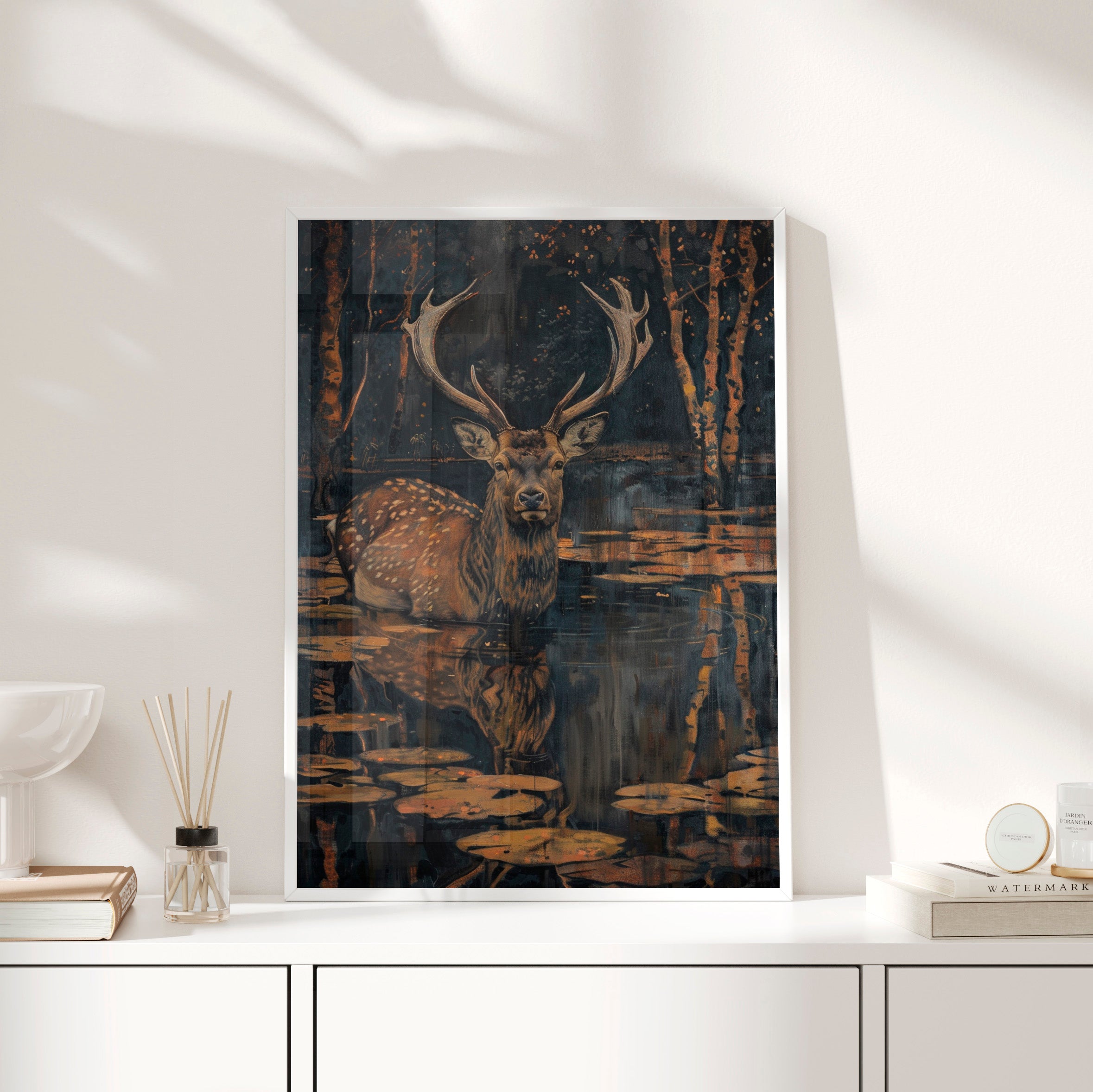 Framed Paper Print - Twilight Stag Reflection