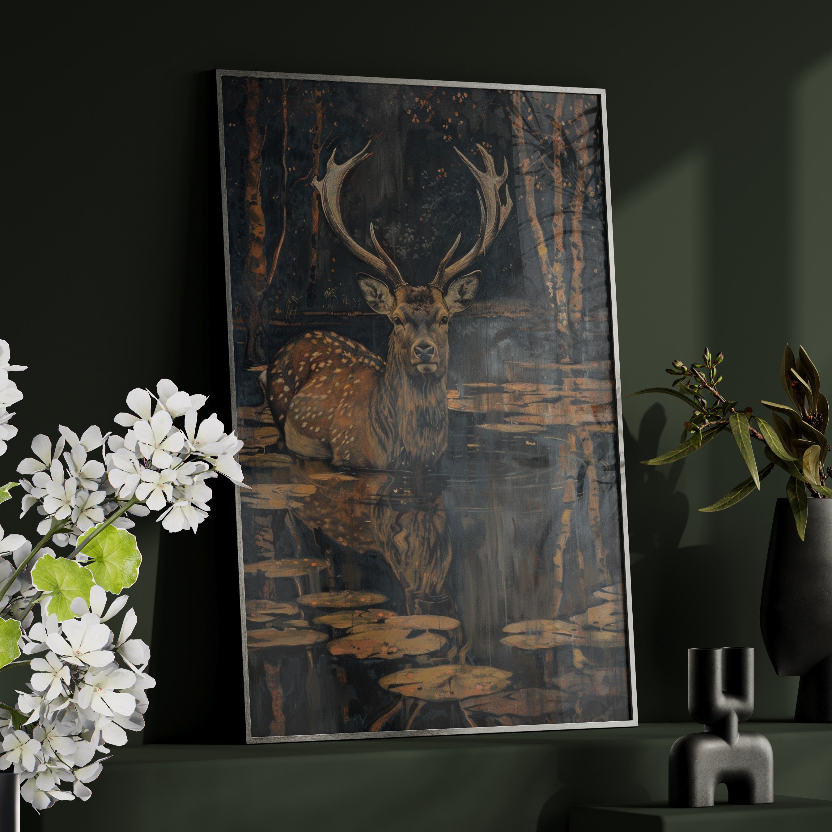 Framed Paper Print - Twilight Stag Reflection