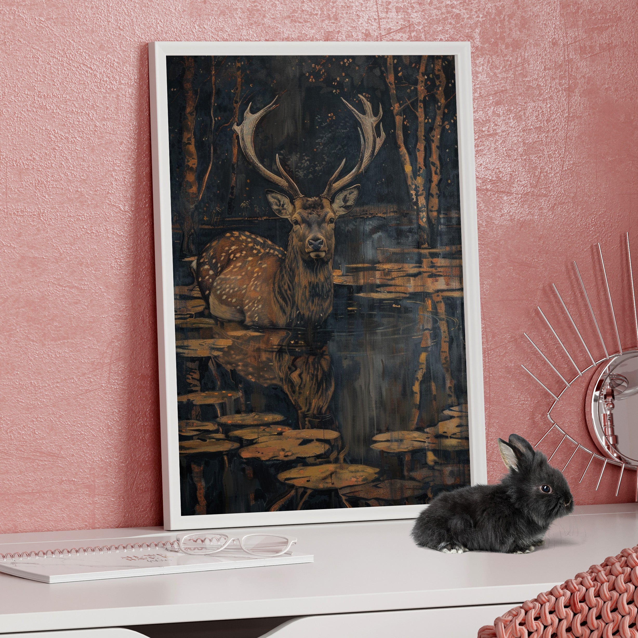 Framed Paper Print - Twilight Stag Reflection