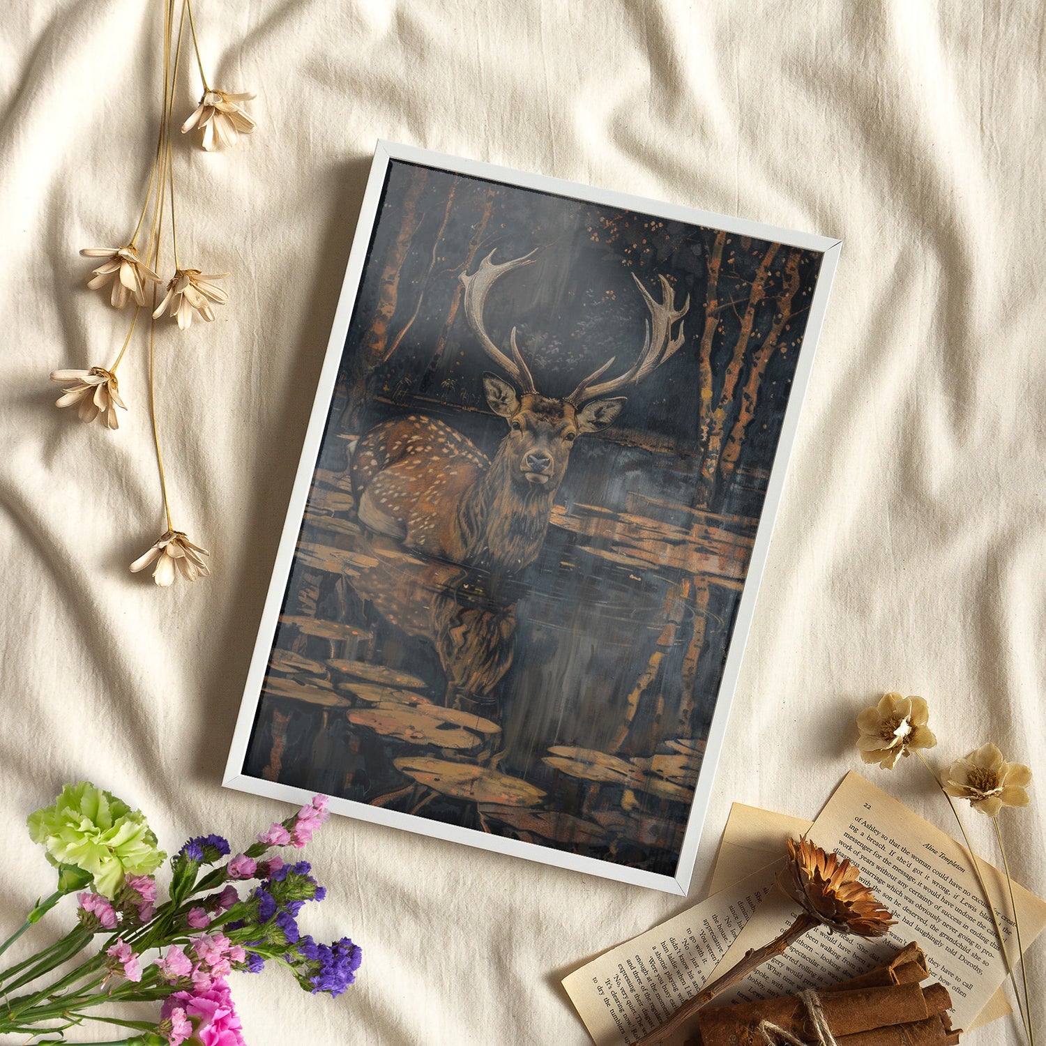 Framed Paper Print - Twilight Stag Reflection