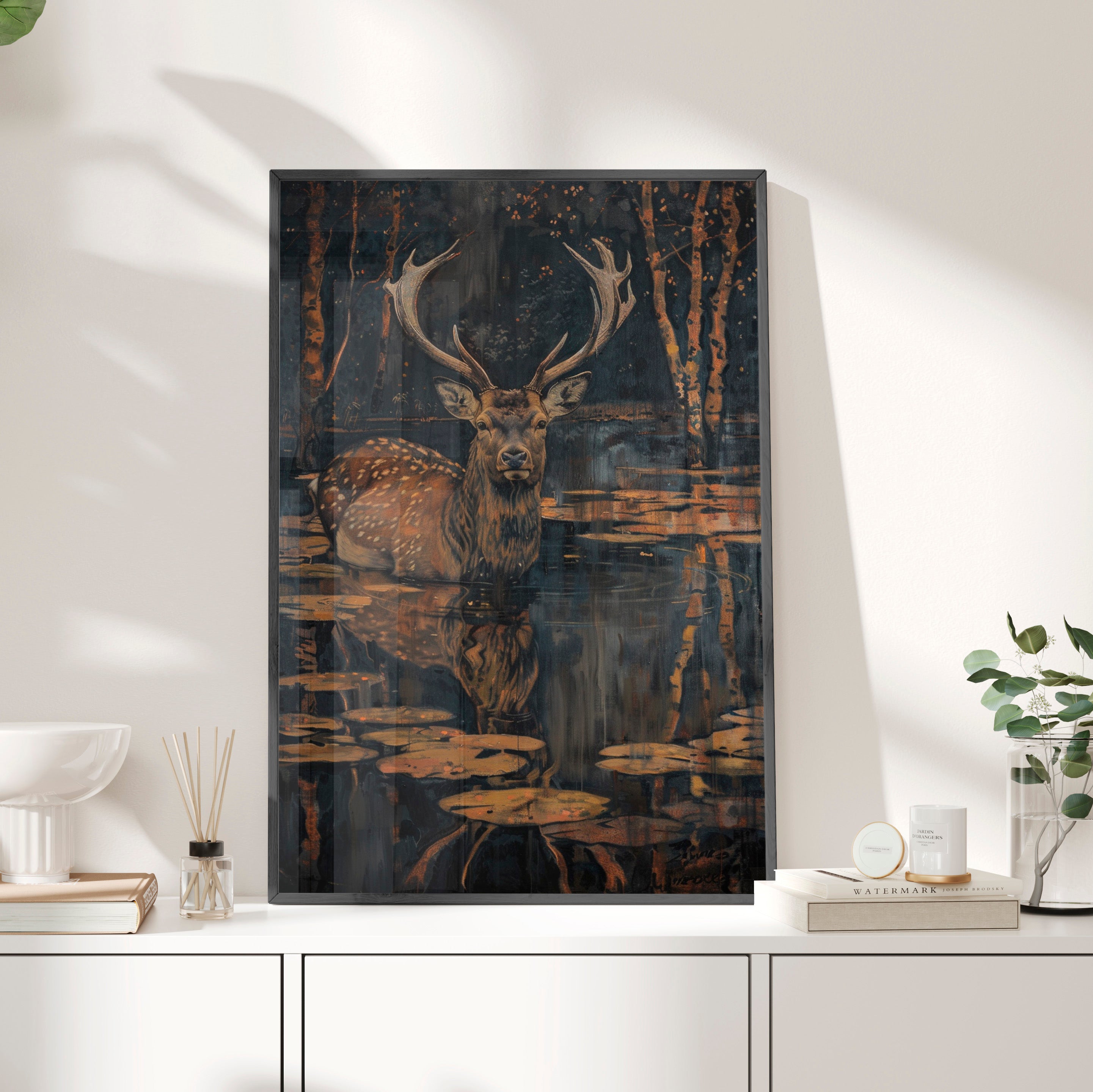 Framed Paper Print - Twilight Stag Reflection