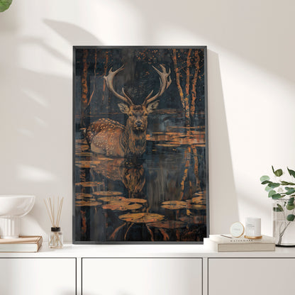 Framed Paper Print - Twilight Stag Reflection