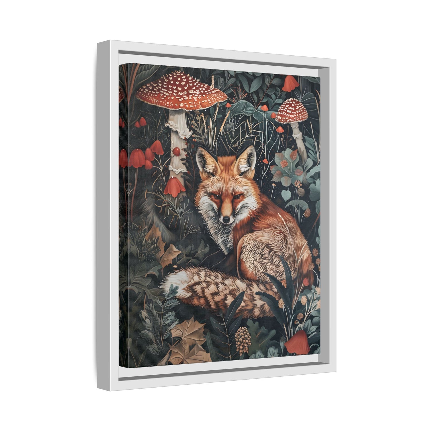 Framed Canvas - Forest Fox with Mushrooms