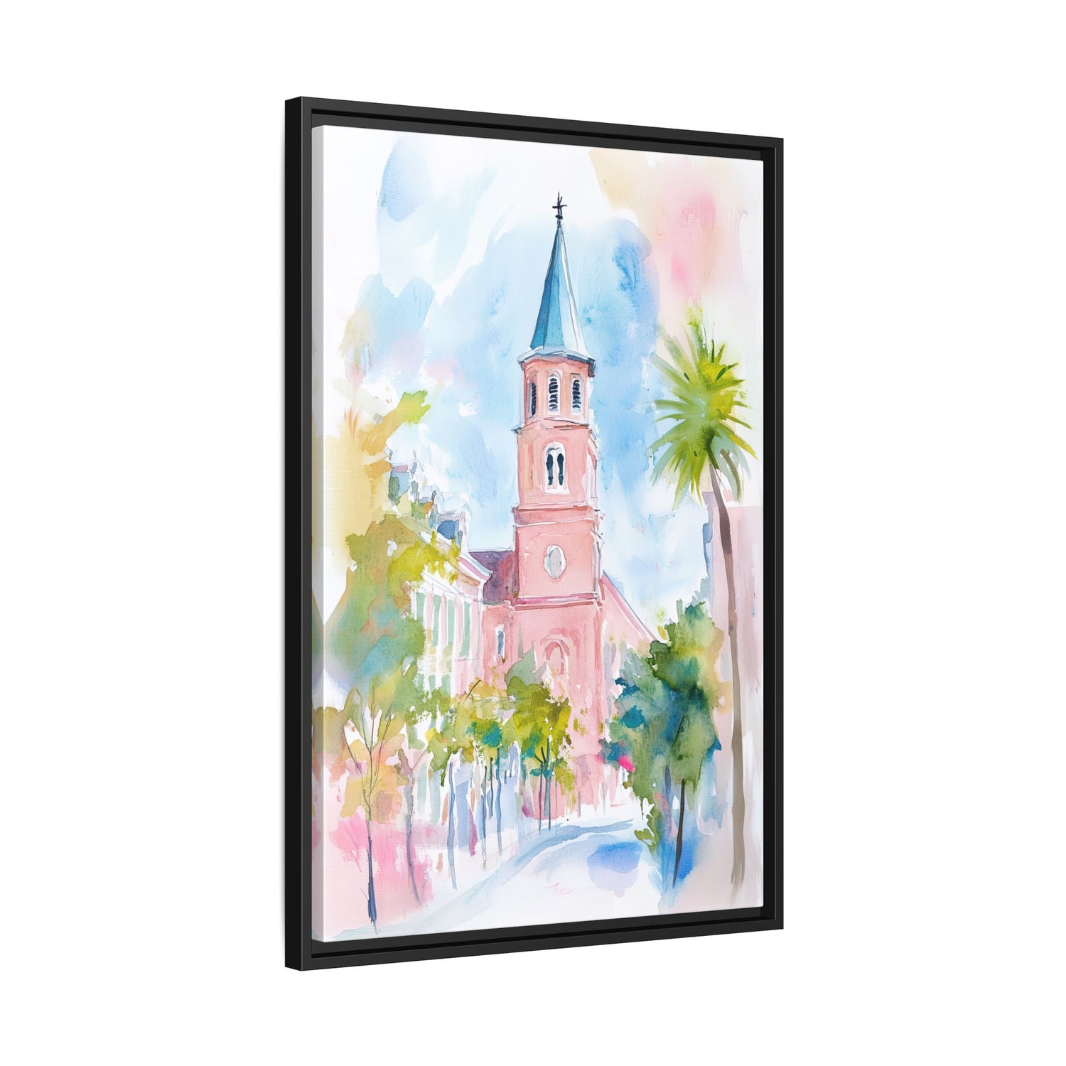 Framed Canvas - Charleston Steeple in Pastel Haze