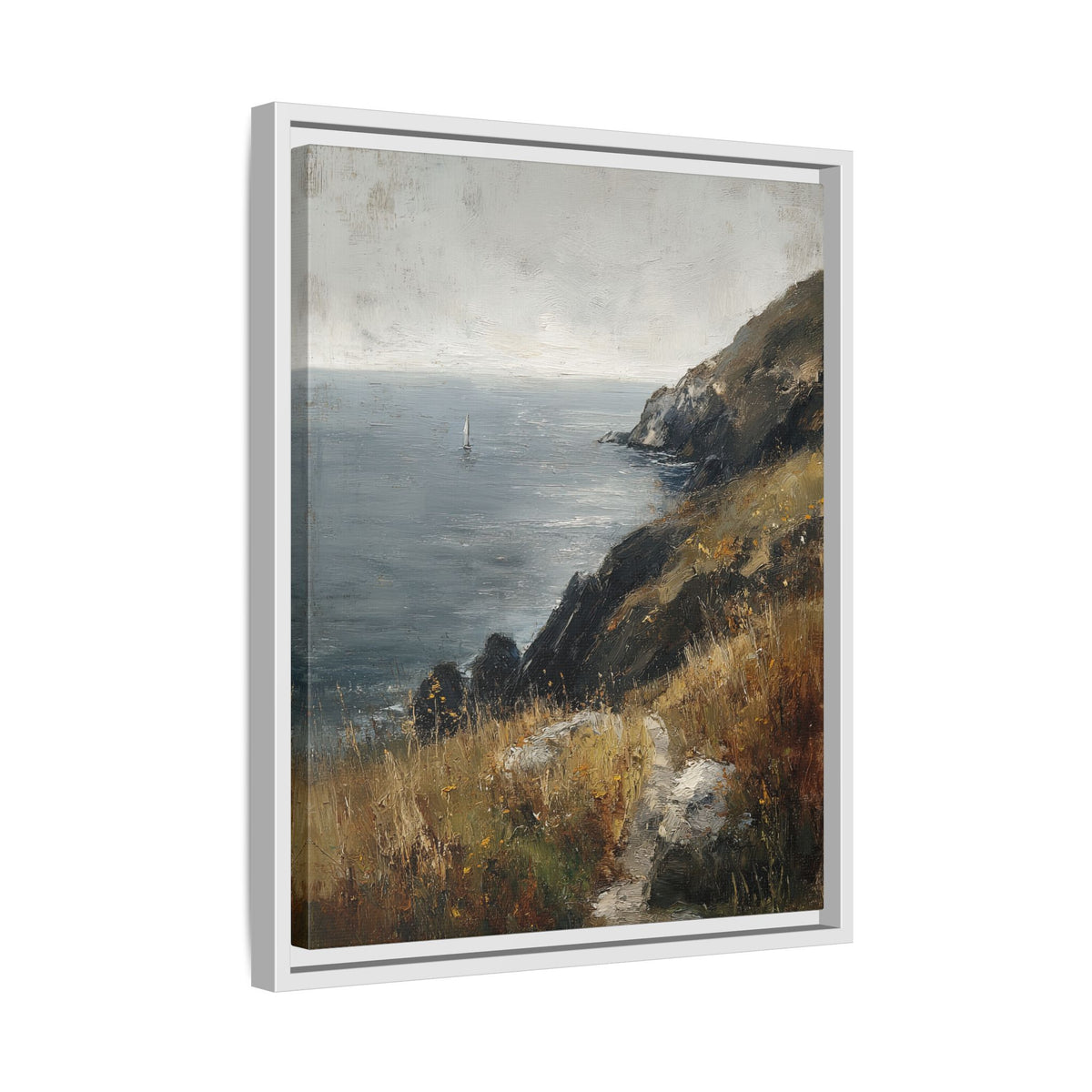 Framed Canvas - Cliffside Sailboat Seascape