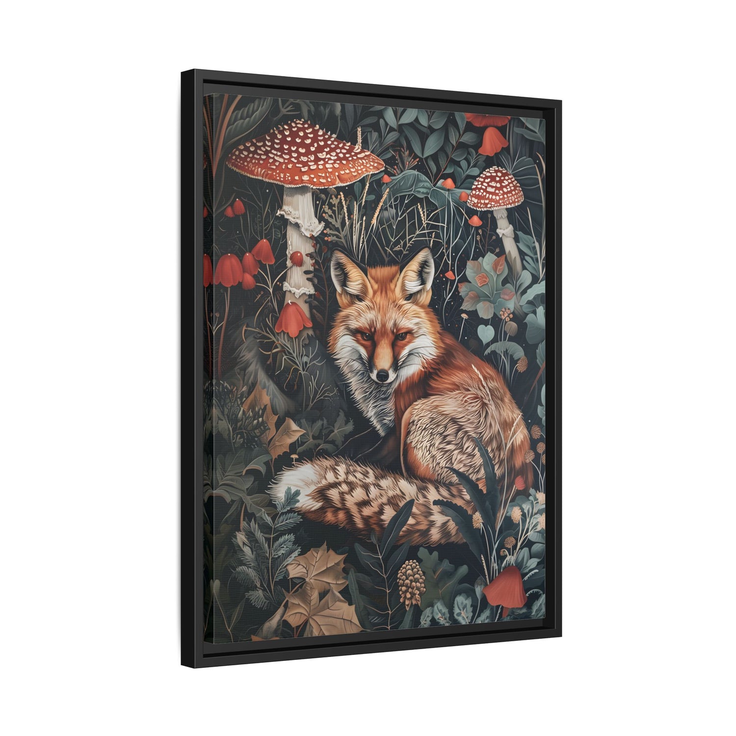 Framed Canvas - Forest Fox with Mushrooms