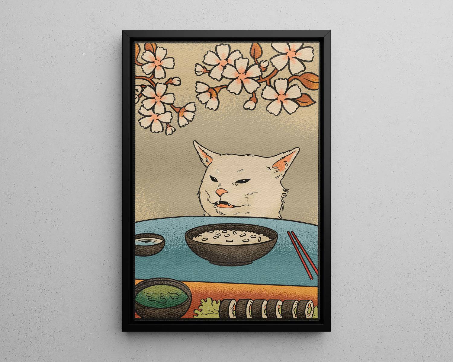 Framed Canvas - Unimpressed Cat Meme Ukiyo-e
