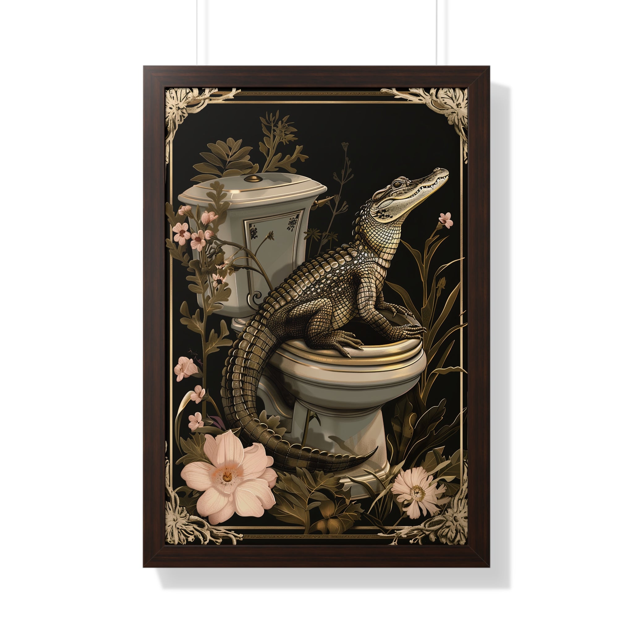 Framed Paper Print - Toilet Gator Floral Surprise
