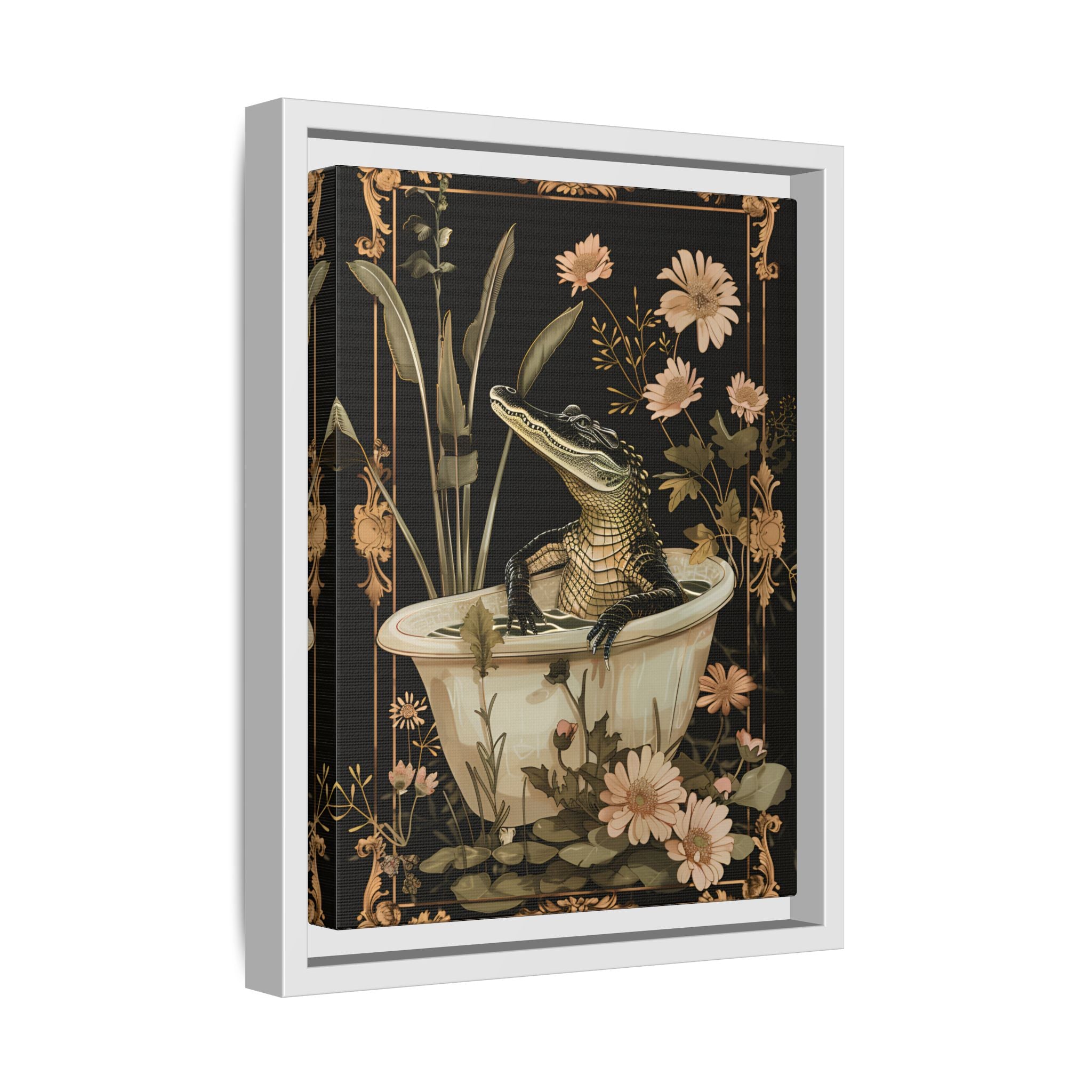 Framed Canvas - Crocodile in Bloom Bath Bliss