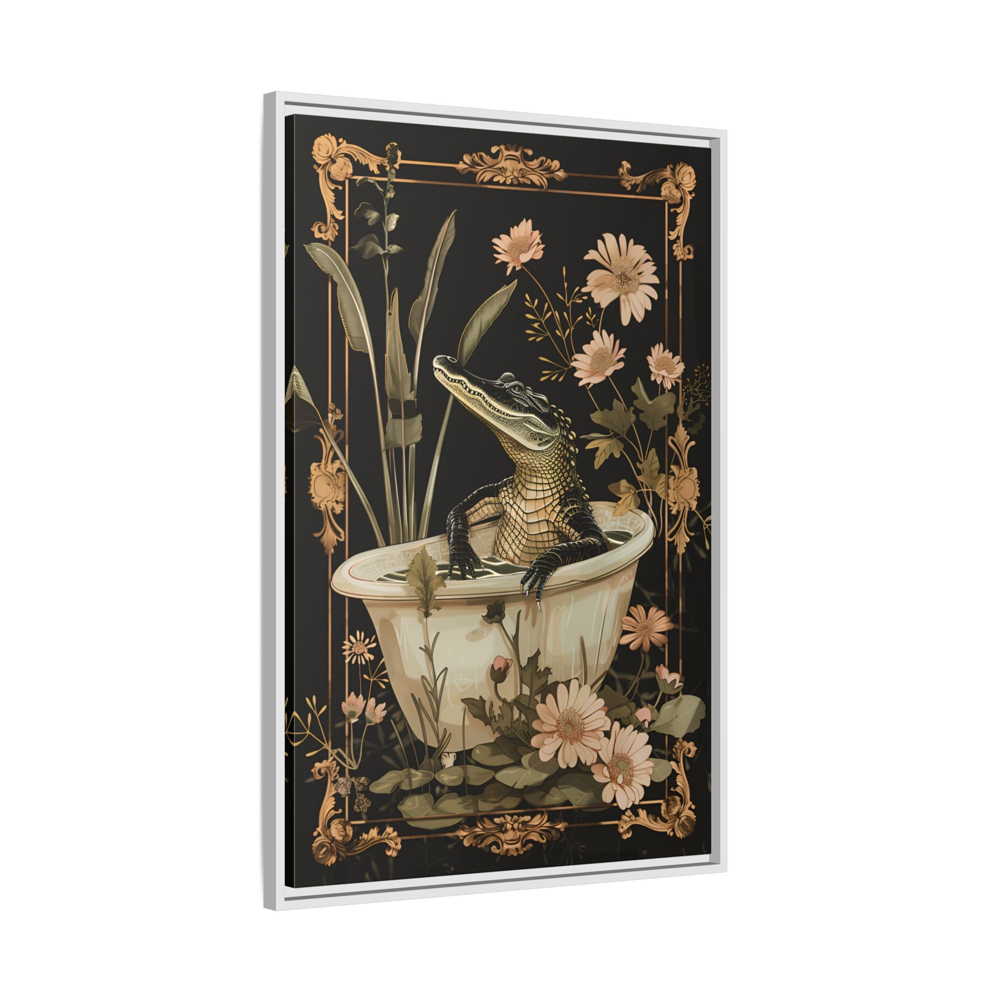 Framed Canvas - Crocodile in Bloom Bath Bliss