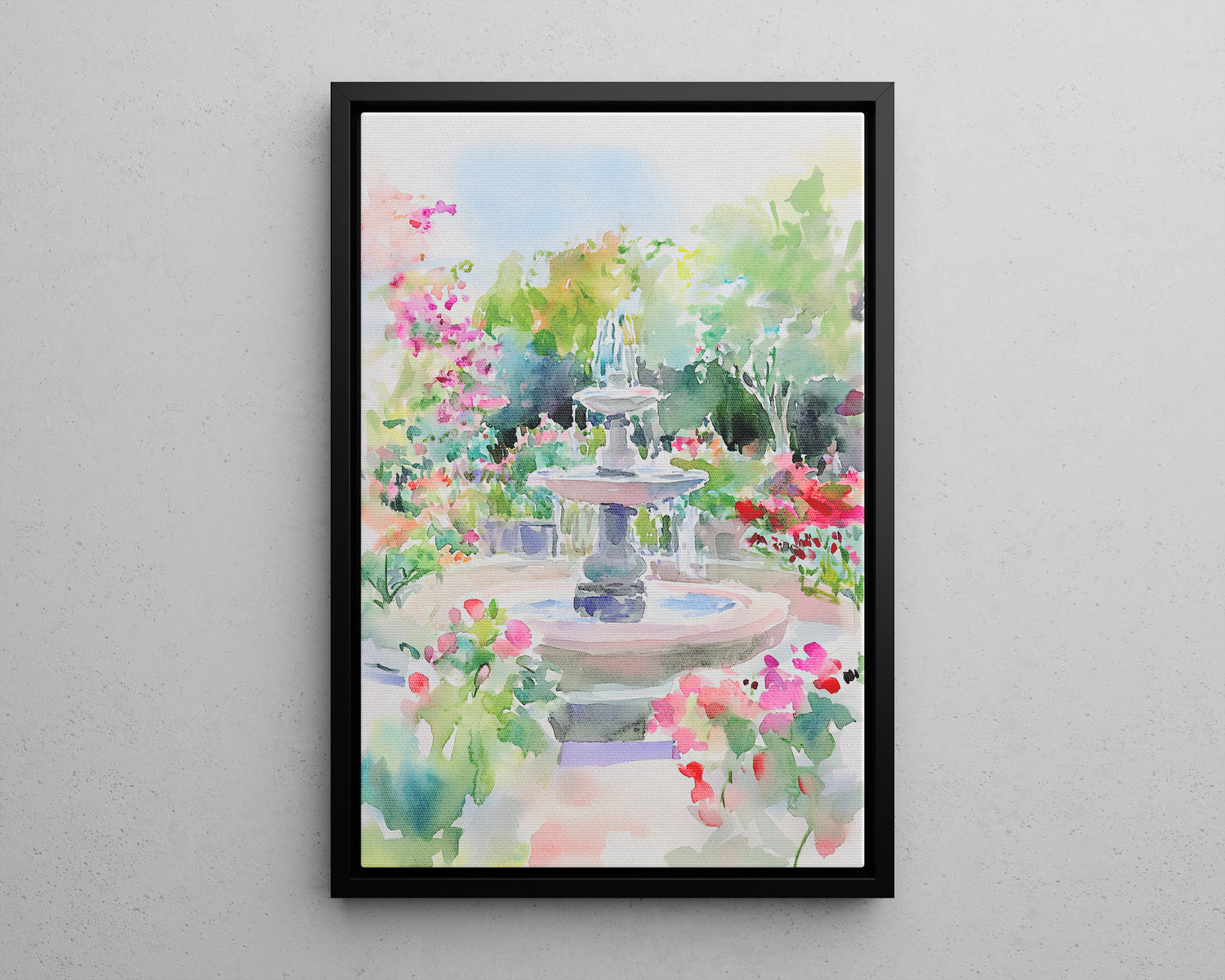 Framed Canvas - Charleston Garden Fountain View