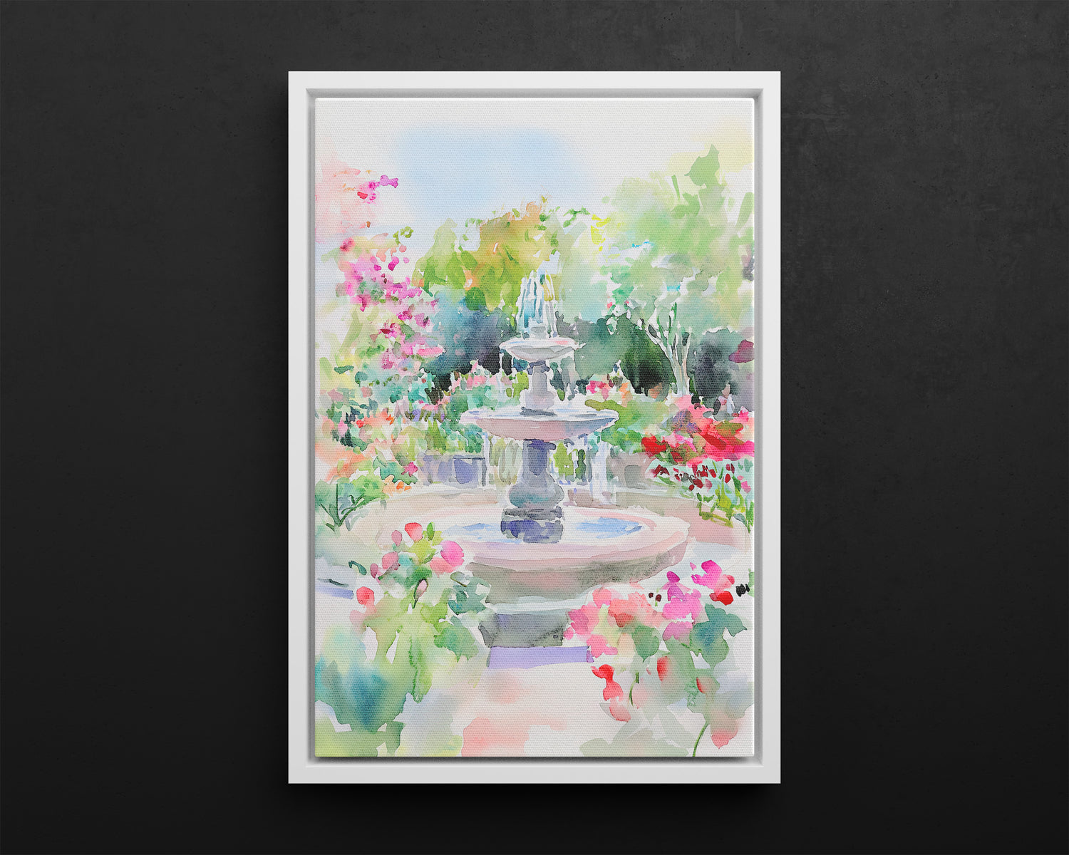 Framed Canvas - Charleston Garden Fountain View