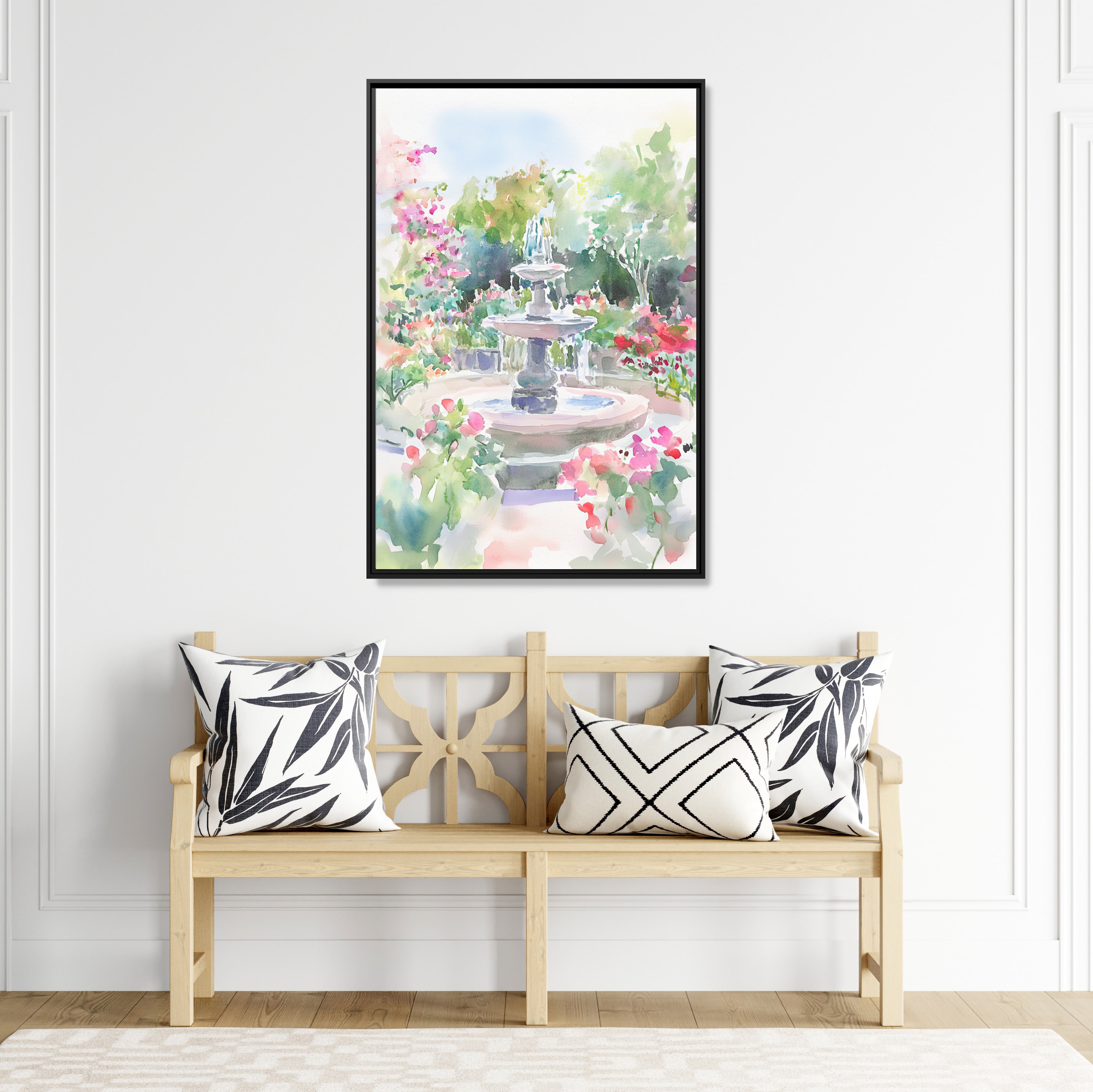 Framed Canvas - Charleston Garden Fountain View