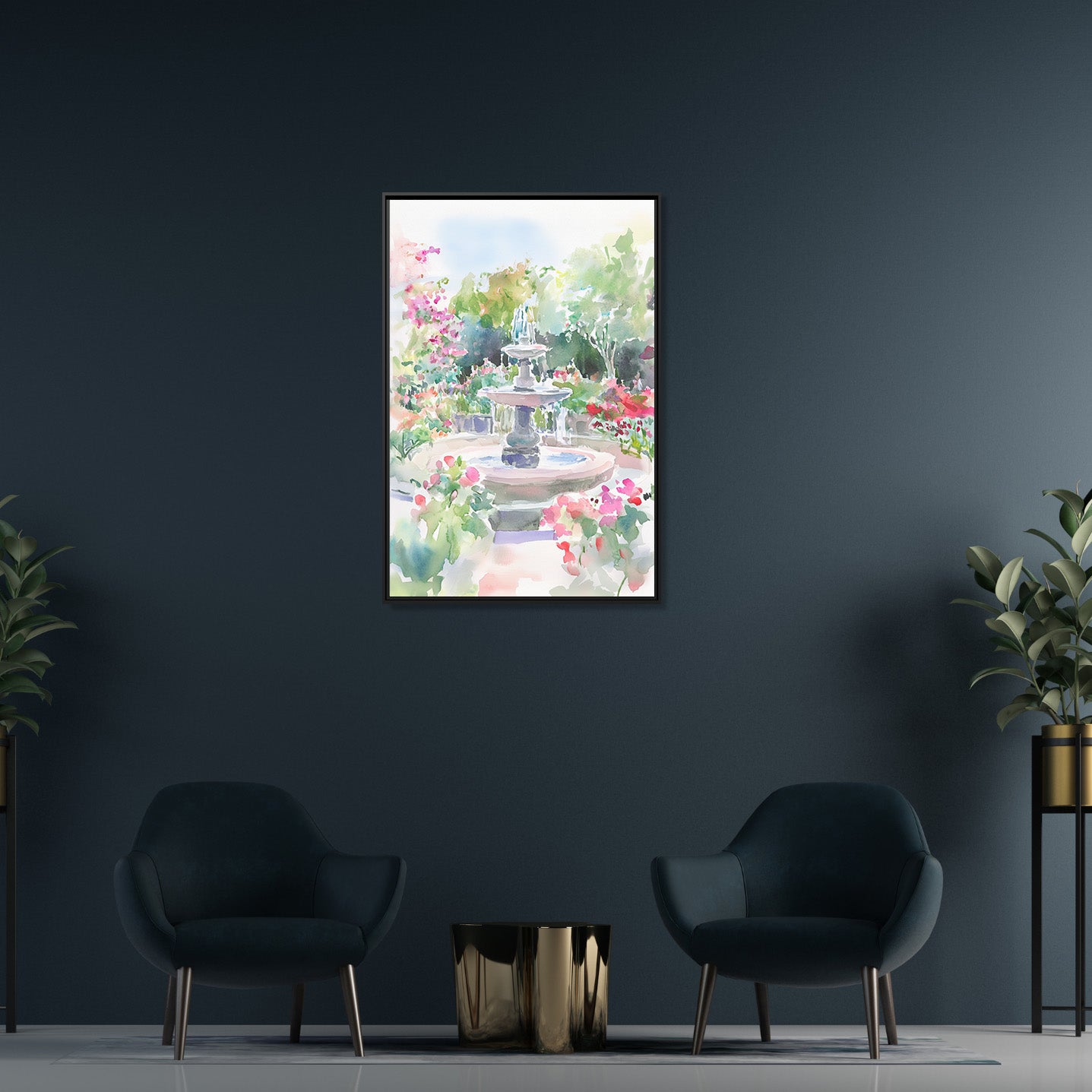 Framed Canvas - Charleston Garden Fountain View