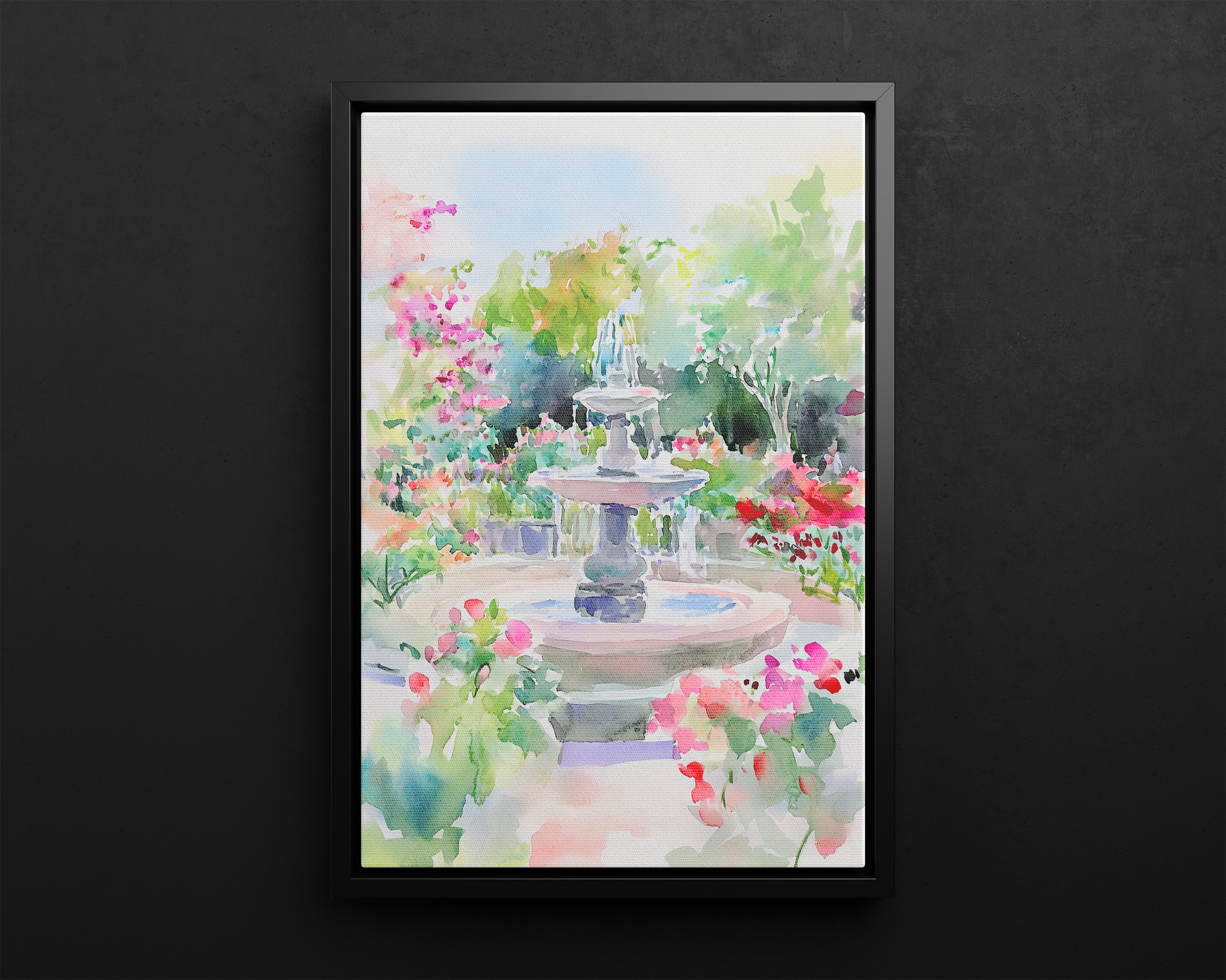 Framed Canvas - Charleston Garden Fountain View
