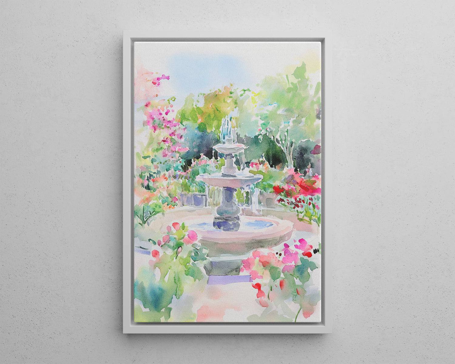 Framed Canvas - Charleston Garden Fountain View