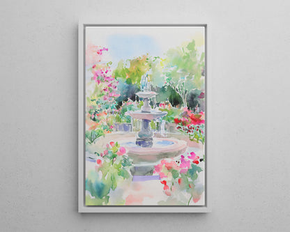 Framed Canvas - Charleston Garden Fountain View