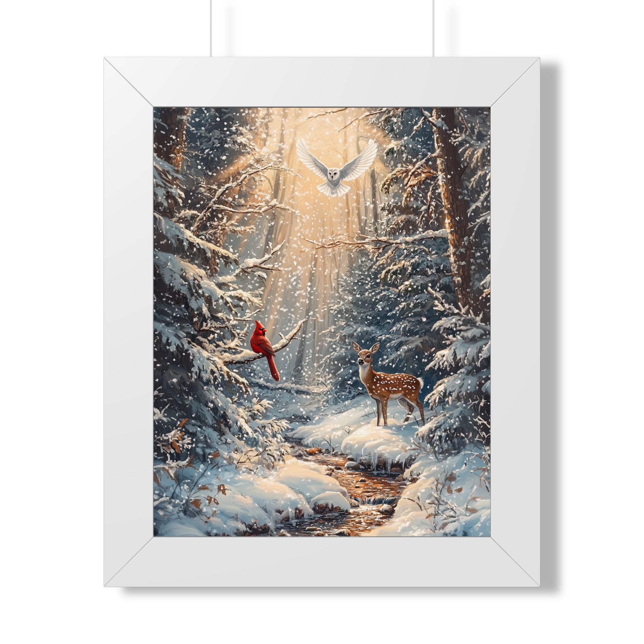 Framed Paper Print - Winter Cardinal Deer Owl