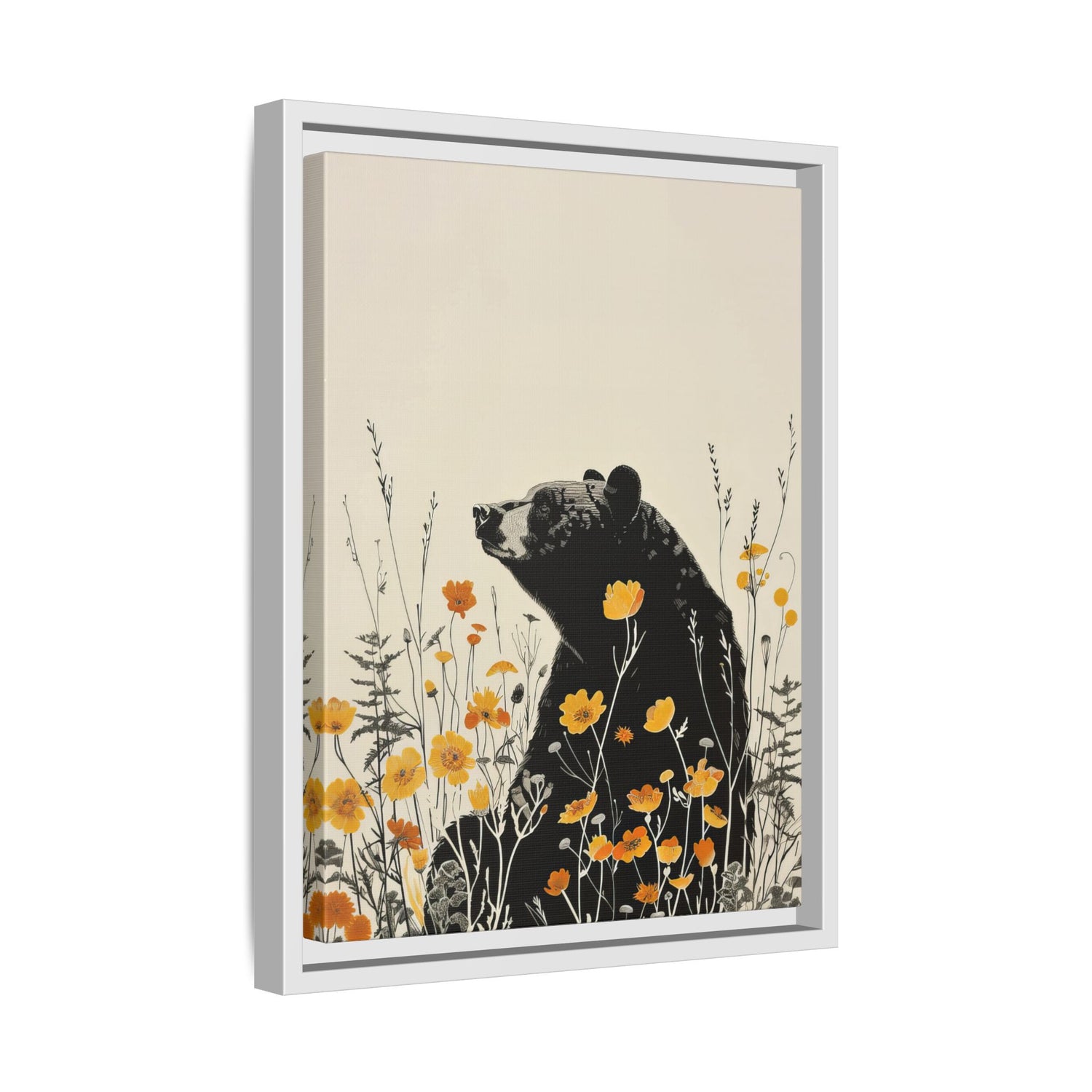 Framed Canvas - Black Bear in Wildflowers