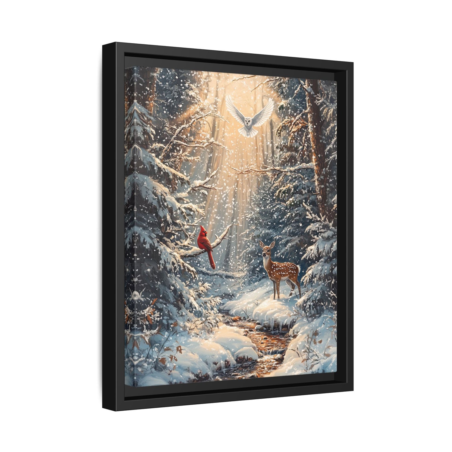 Framed Canvas - Winter Cardinal Deer Owl