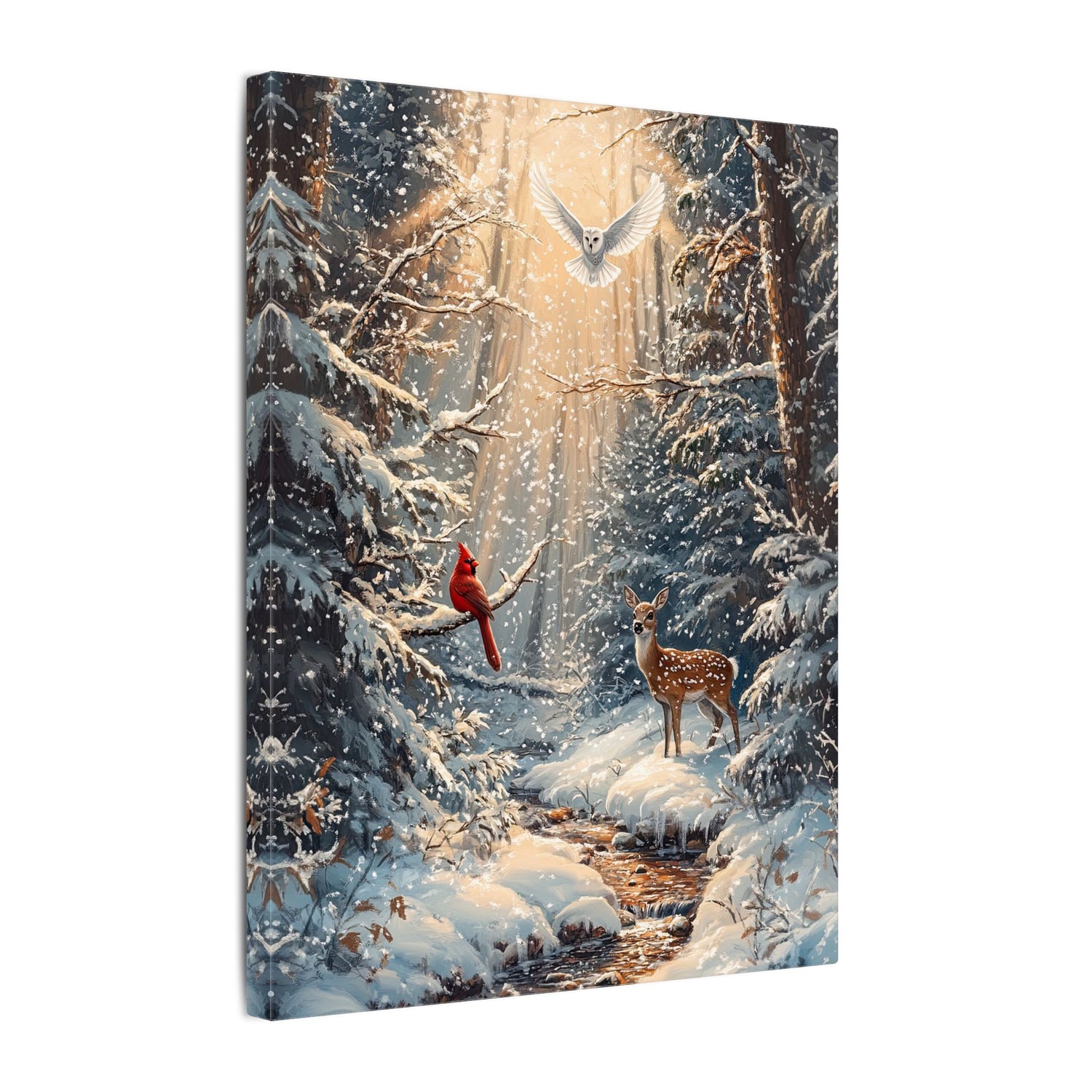 .75" Matte Canvas - Winter Cardinal Deer Owl