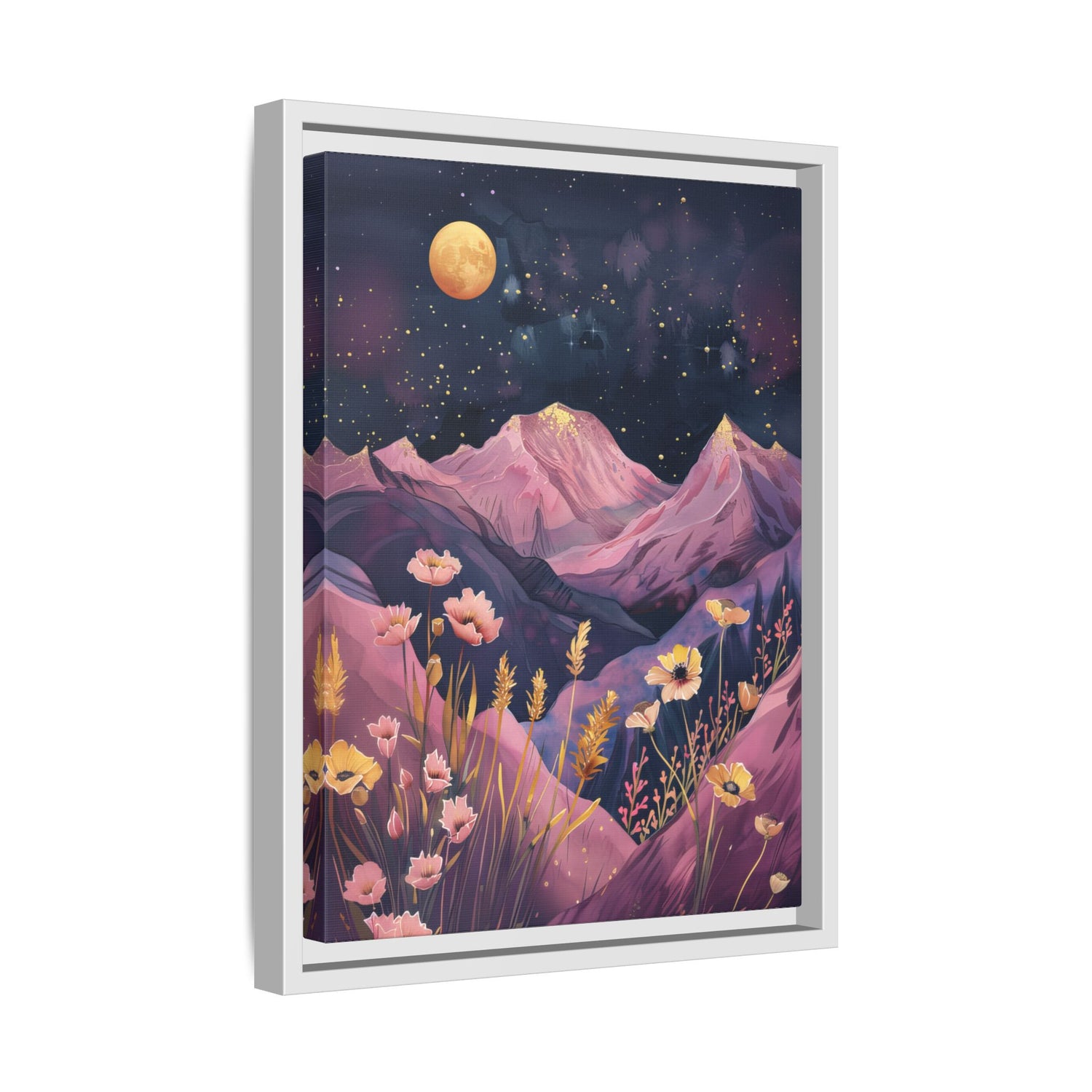 Framed Canvas - Golden Moon Over Lavender Peaks