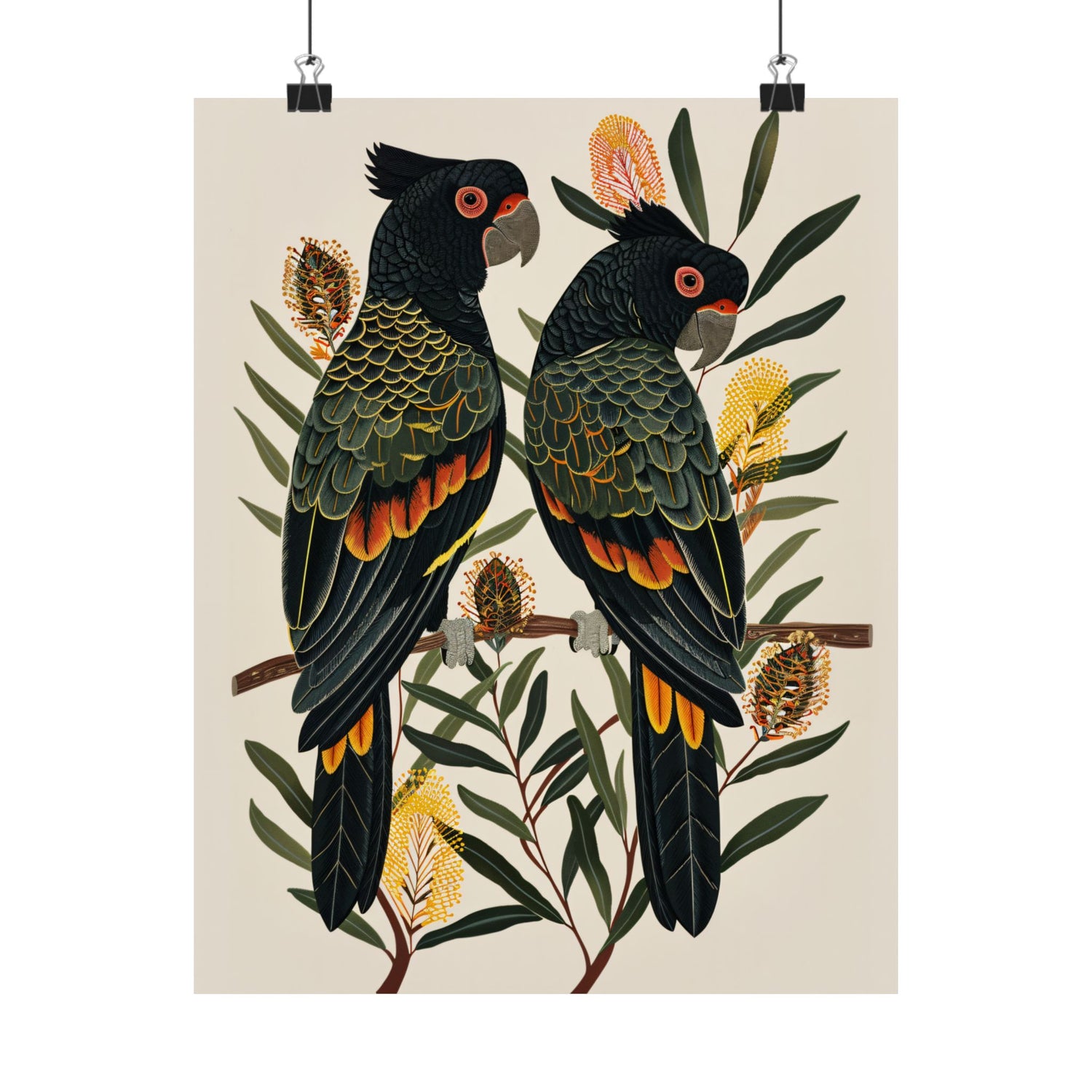 Black Cockatoos Among Banksia