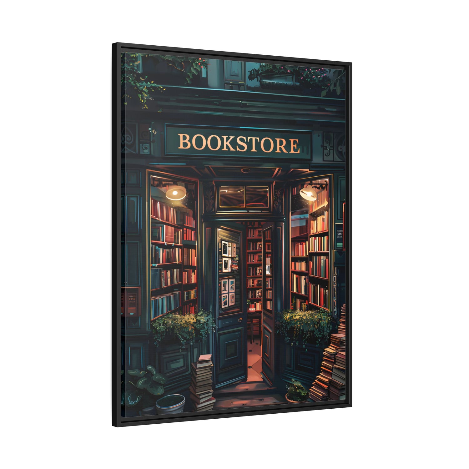 Framed Canvas - Midnight Bookstore Glow