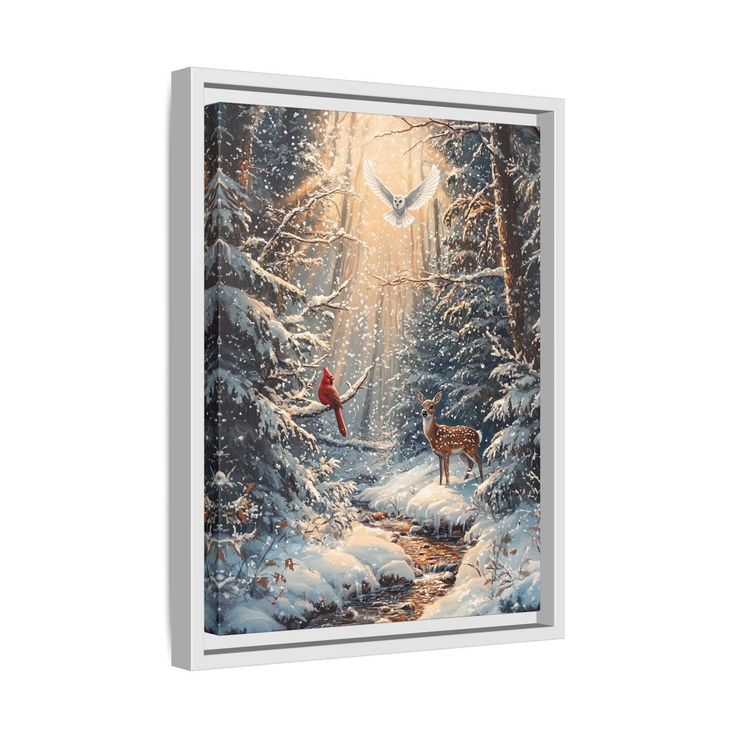 Framed Canvas - Winter Cardinal Deer Owl